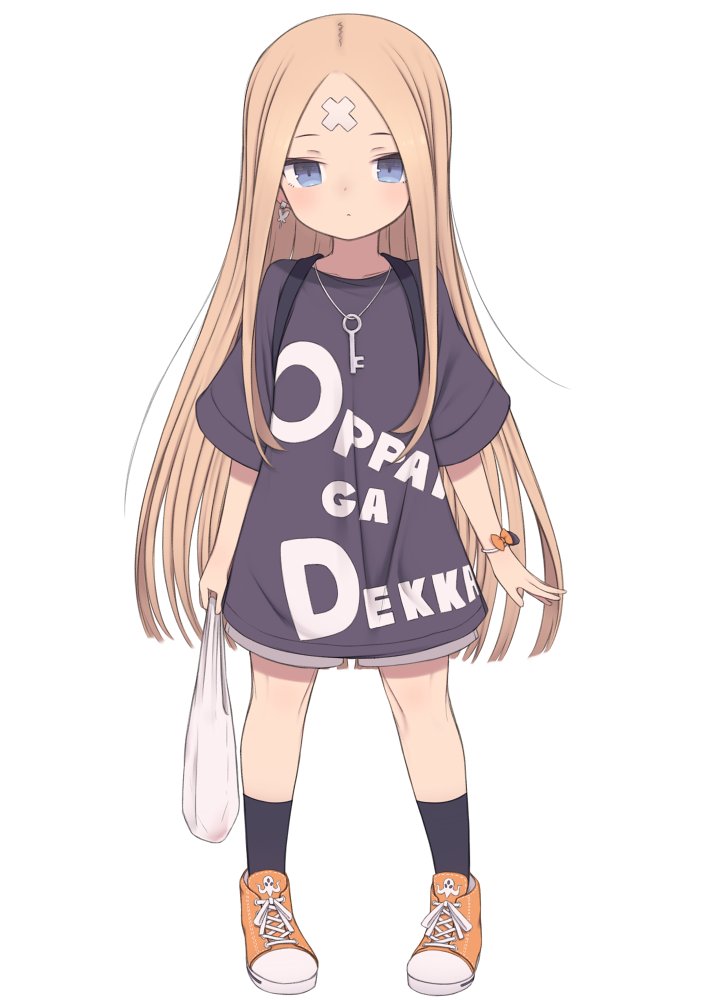 1girl abigail_williams_(fate) bag bandaid bandaid_on_face bandaid_on_forehead bangs black_legwear blonde_hair blue_eyes blush bracelet clothes_writing crossed_bandaids dot_mouth earrings expressionless fate/grand_order fate_(series) forehead full_body gamuo jewelry key key_necklace long_hair necklace parted_bangs plastic_bag shirt shoes shorts simple_background sneakers socks solo t-shirt very_long_hair white_background