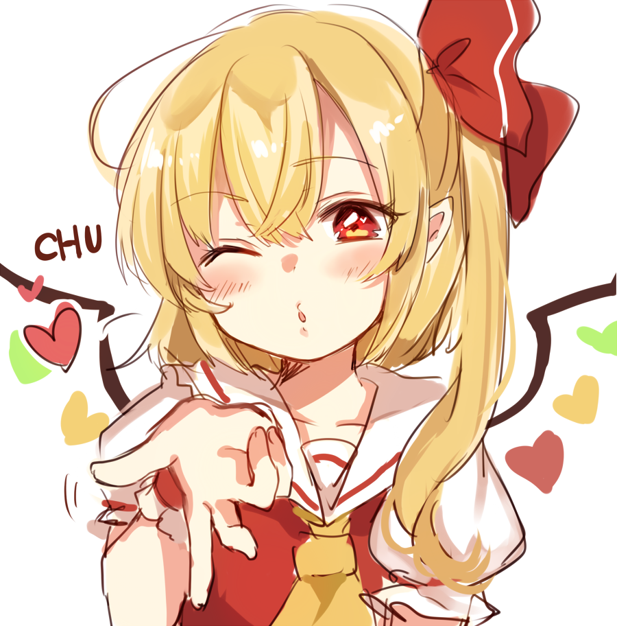 1girl ;o ascot bangs blonde_hair blowing_kiss blush collared_shirt crystal eyebrows_visible_through_hair flandre_scarlet frilled_sleeves frills hair_between_eyes hair_ribbon heart heart_in_eye looking_at_viewer medium_hair no_hat no_headwear one_eye_closed one_side_up paragasu_(parags112) parted_lips pointy_ears puffy_short_sleeves puffy_sleeves red_eyes red_ribbon red_vest ribbon shirt short_sleeves simple_background solo symbol_in_eye touhou upper_body vest white_background white_shirt wings wrist_cuffs yellow_ascot