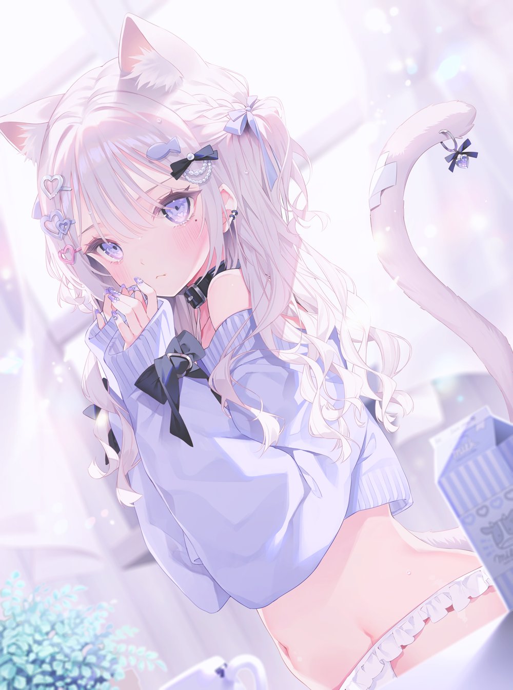 1girl animal_ear_fluff animal_ears arms_up bandaid bandaid_on_tail blue_eyes blue_sweater blush bow braid cat_ears cat_girl cat_tail collar from_side hair_bow hair_ornament hairclip heart heart_hair_ornament highres long_hair looking_at_viewer mnimni nail_polish navel no_pants off_shoulder original own_hands_together panties ribbon sleeves_past_wrists solo sweater tail tail_ornament underwear upper_body white_hair white_panties