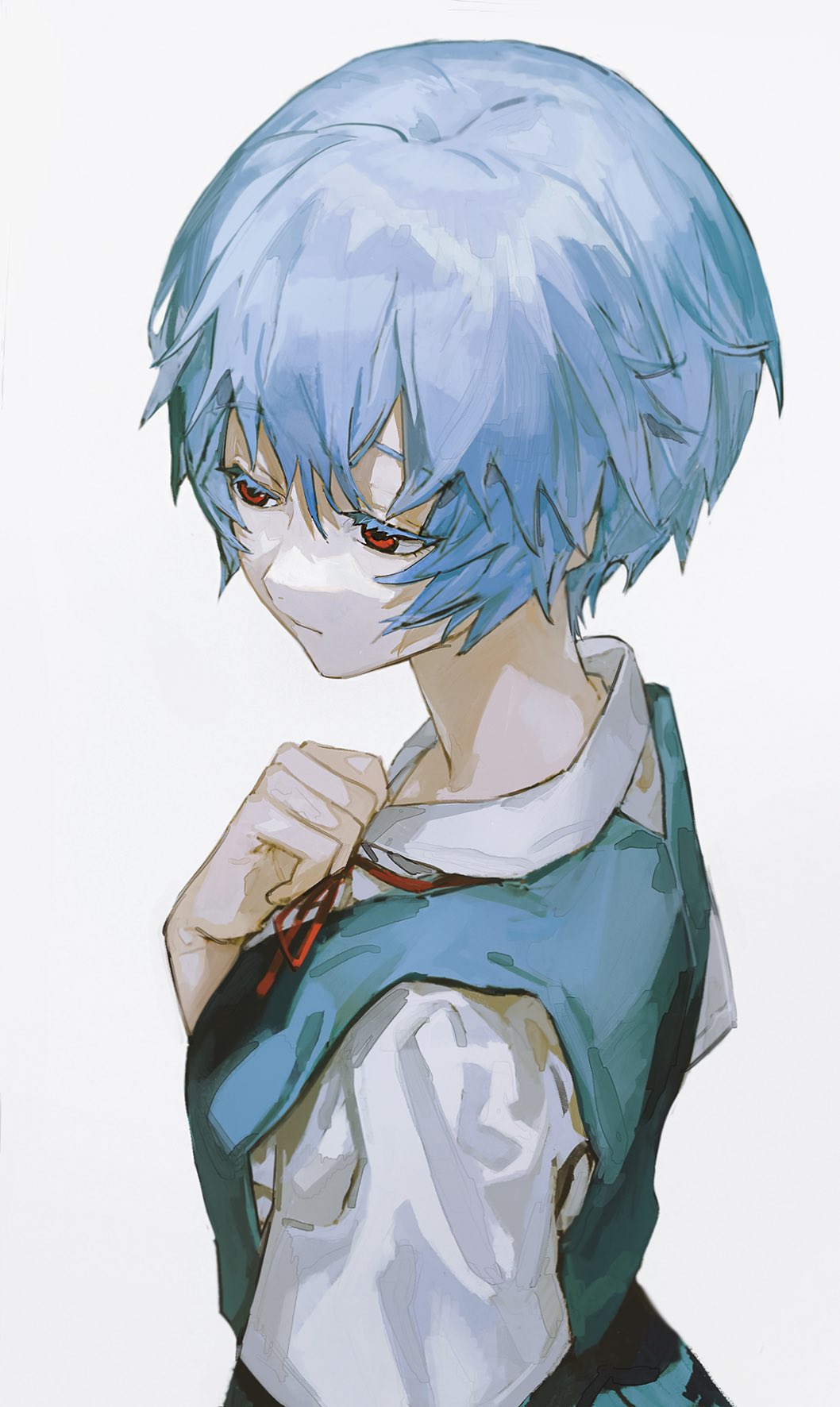 1girl ayanami_rei blue_hair highres neon_genesis_evangelion orniflop red_eyes red_ribbon ribbon school_uniform short_hair simple_background solo tokyo-3_middle_school_uniform white_background