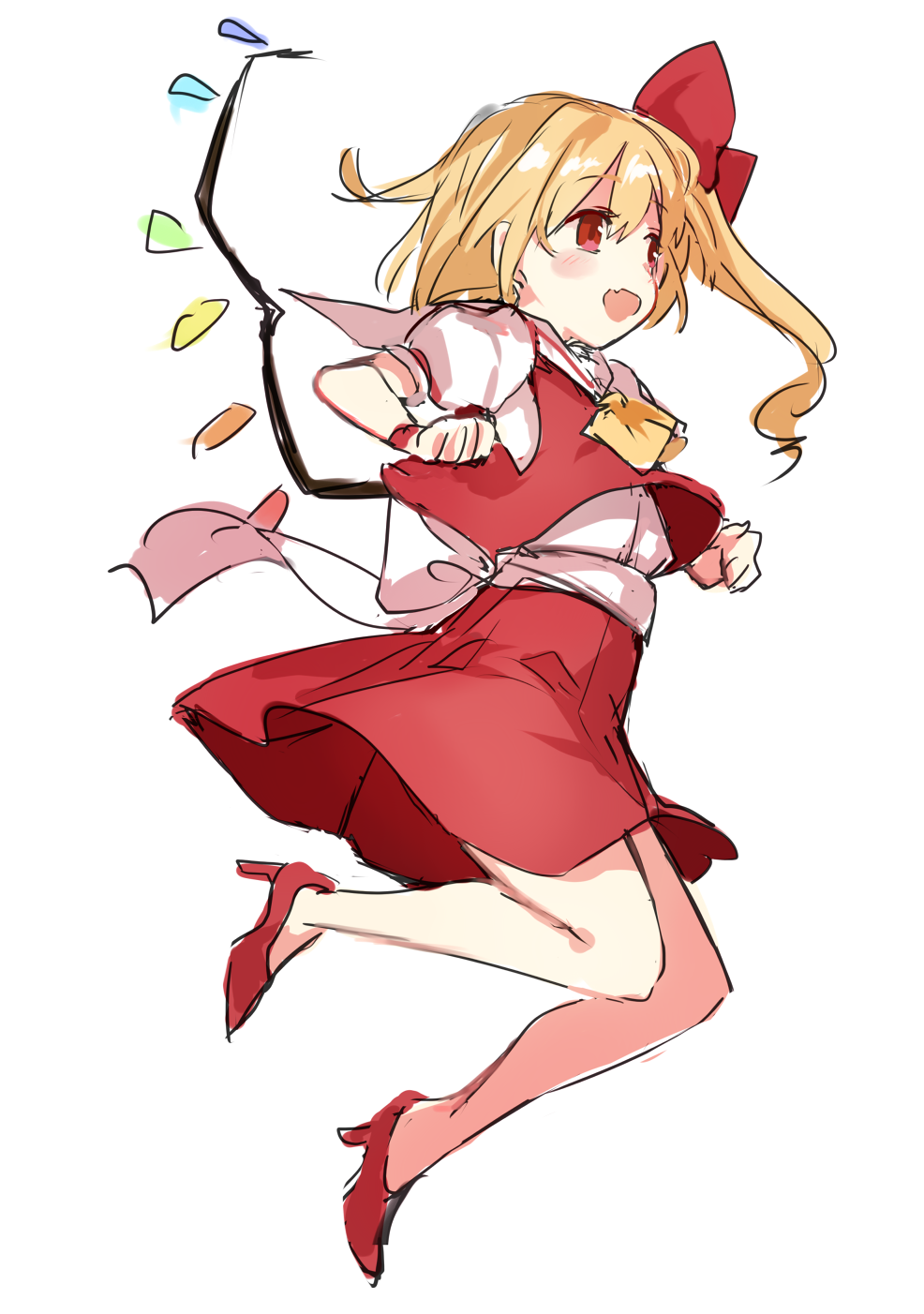 1girl ascot back_bow bangs blonde_hair bow clenched_hands collared_shirt crystal eyebrows_visible_through_hair fang flandre_scarlet frilled_sleeves frills full_body hair_between_eyes hair_ribbon high_heels highres no_hat no_headwear one_side_up open_mouth paragasu_(parags112) puffy_short_sleeves puffy_sleeves red_eyes red_footwear red_ribbon red_skirt red_vest ribbon shirt short_hair short_sleeves simple_background skirt skirt_set smile solo touhou vest white_background white_bow white_shirt wings yellow_ascot