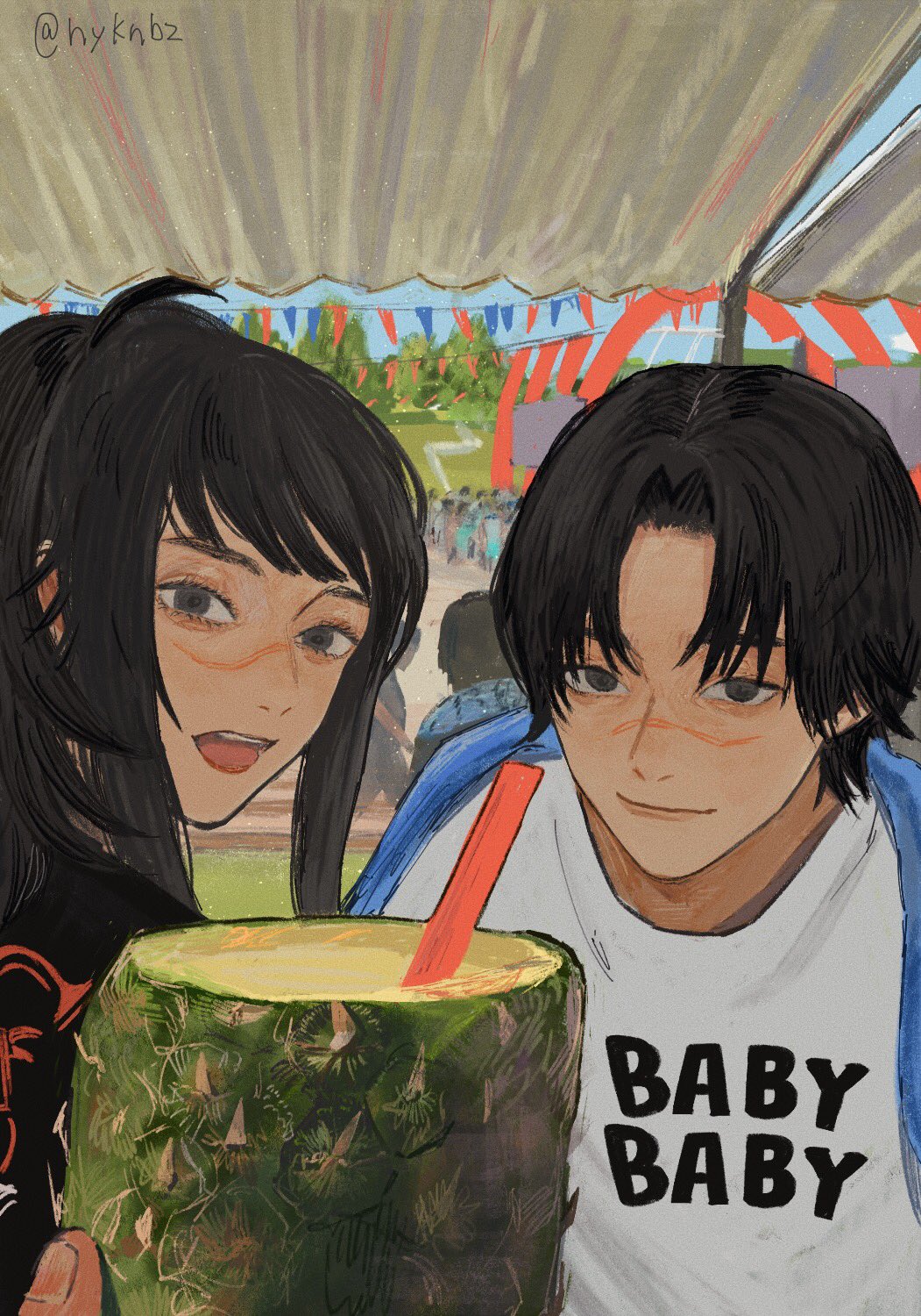 1boy 1girl bangs bee black_hair blurry blurry_background bug chainsaw_man drink drinking_straw festival food fruit fuyukonbu high_ponytail highres kurose_yuutarou looking_at_viewer open_mouth pineapple ponytail scar scar_on_face scar_on_nose shirt showing sidelocks smile summer swept_bangs taking_picture tendou_michiko twitter_username white_shirt