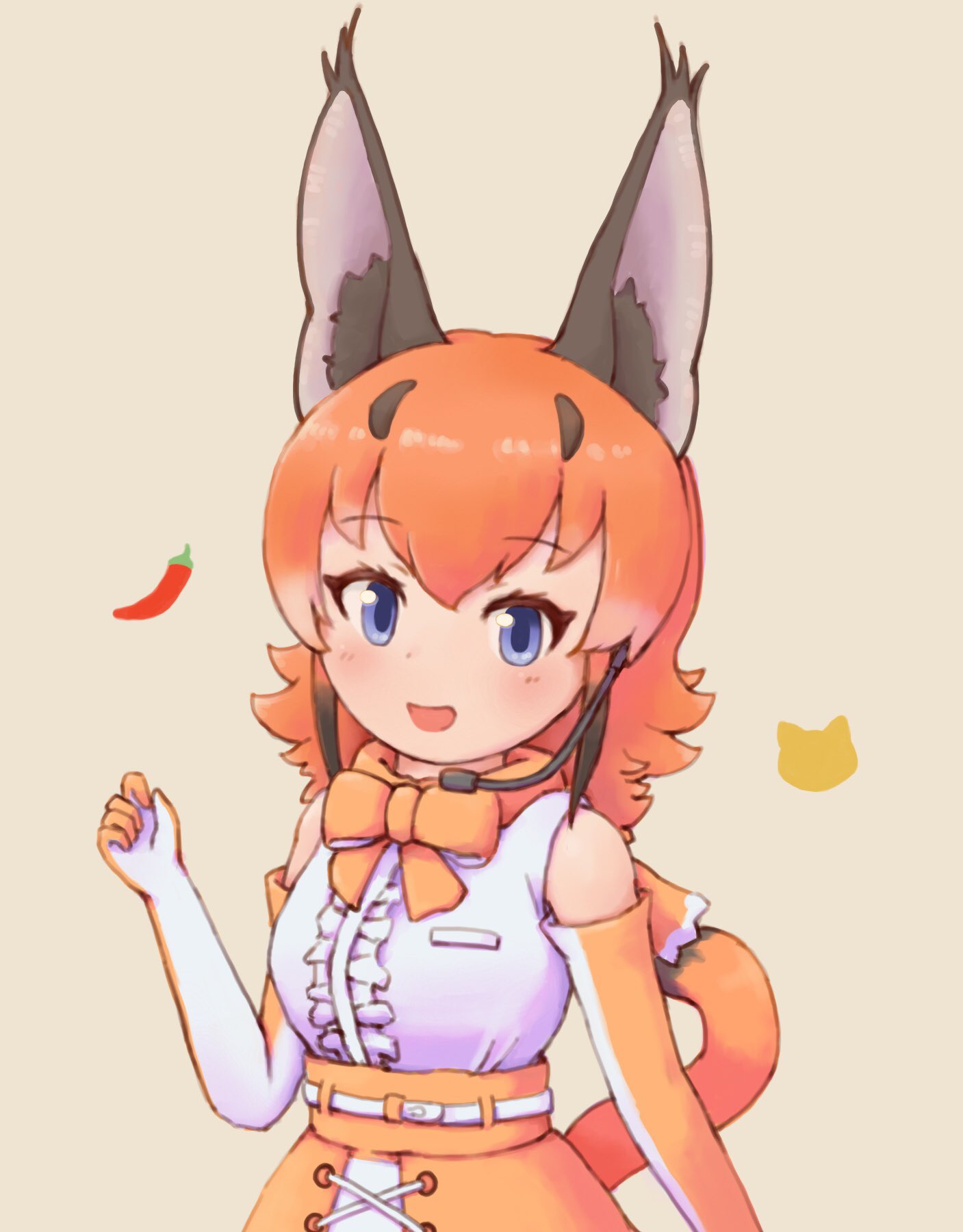 1girl animal_costume animal_ears blue_eyes bow bowtie caracal_(kemono_friends) caracal_ears elbow_gloves gloves highres kemono_friends kemono_friends_v_project long_hair looking_at_viewer microphone open_mouth orange_hair shirt skirt sleeveless sleeveless_shirt smile solo virtual_youtuber white_shirt zzz_ansh