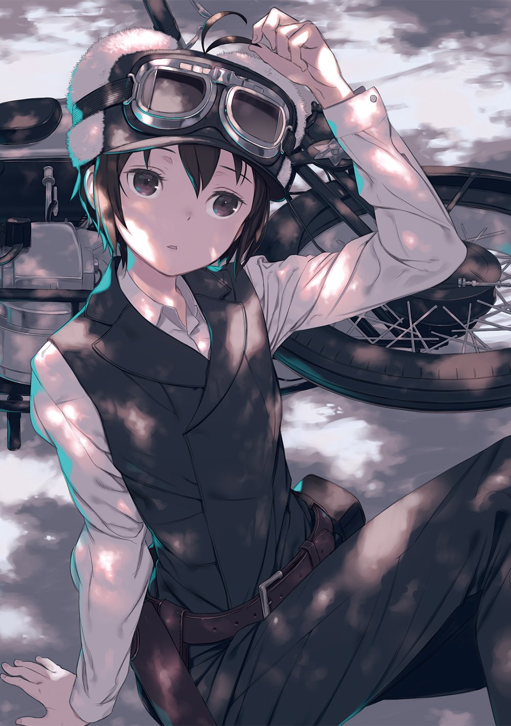 1girl androgynous antenna_hair arm_support arm_up belt_buckle belt_pouch black_eyes black_hair black_pants black_vest buckle cover_image dappled_sunlight dengeki_bunko dress_shirt fur_hat gakuen_kino goggles goggles_on_headwear ground_vehicle hat head_tilt hermes_(kino_no_tabi) highres kino_(kino_no_tabi) kino_no_tabi kuroboshi_kouhaku long_sleeves motor_vehicle motorcycle novel_illustration official_art on_ground pants parted_lips pouch reverse_trap second-party_source shirt short_hair sitting solo sunlight textless_version ushanka vest white_shirt