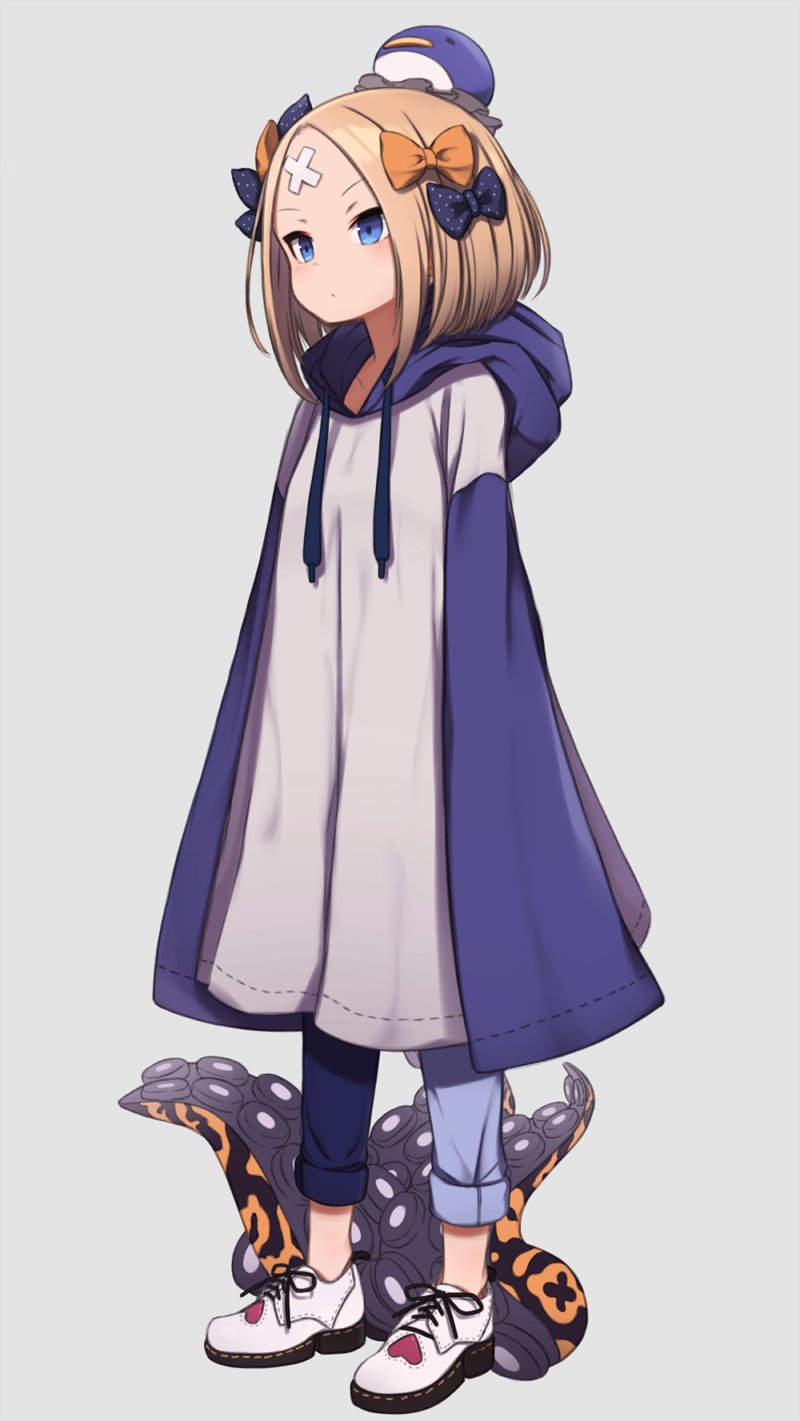 1girl abigail_williams_(fate) bandaid bandaid_on_face bandaid_on_forehead bangs blonde_hair blue_eyes blush bow crossed_bandaids denim dot_mouth drawstring expressionless fate/grand_order fate_(series) forehead full_body gamuo grey_background hair_bow hat highres hood hood_down hoodie jeans long_hair multiple_bows multiple_hair_bows orange_bow oversized_clothes pants parted_bangs penguin_hat polka_dot polka_dot_bow shoes sleeves_past_fingers sleeves_past_wrists sneakers solo suction_cups tentacles