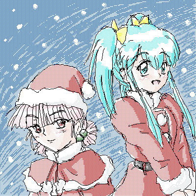 2girls christmas lowres multiple_girls pixel_art snowing zmr