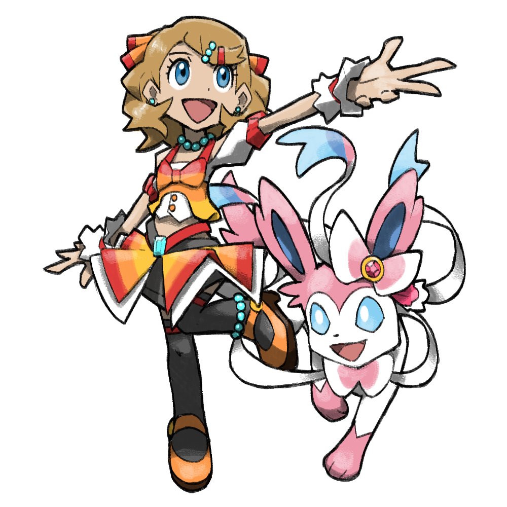 1girl alternate_costume black_legwear blacknirrow blonde_hair blue_eyes bow cuff_links dress earrings eyelashes open_mouth orange_footwear pearl_necklace pokemon pokemon_(creature) pokemon_xy_(anime) serena_(pokemon) short_hair smile sylveon