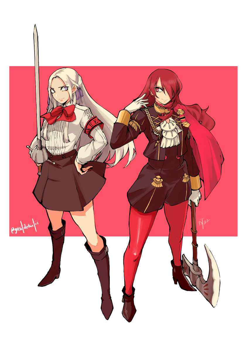 2girls artist_request bangs blue_eyes blush boots breasts cape closed_mouth cosplay edelgard_von_hresvelg edelgard_von_hresvelg_(cosplay) fire_emblem fire_emblem:_three_houses garreg_mach_monastery_uniform gekkoukan_high_school_uniform gloves hair_between_eyes hair_ornament hair_ribbon highres kirijou_mitsuru kirijou_mitsuru_(cosplay) kneehighs long_hair long_sleeves looking_at_viewer multiple_girls persona persona_3 red_cape redhead ribbon school_uniform simple_background skirt smile tara_platt uniform violet_eyes voice_actor_connection weapon white_hair