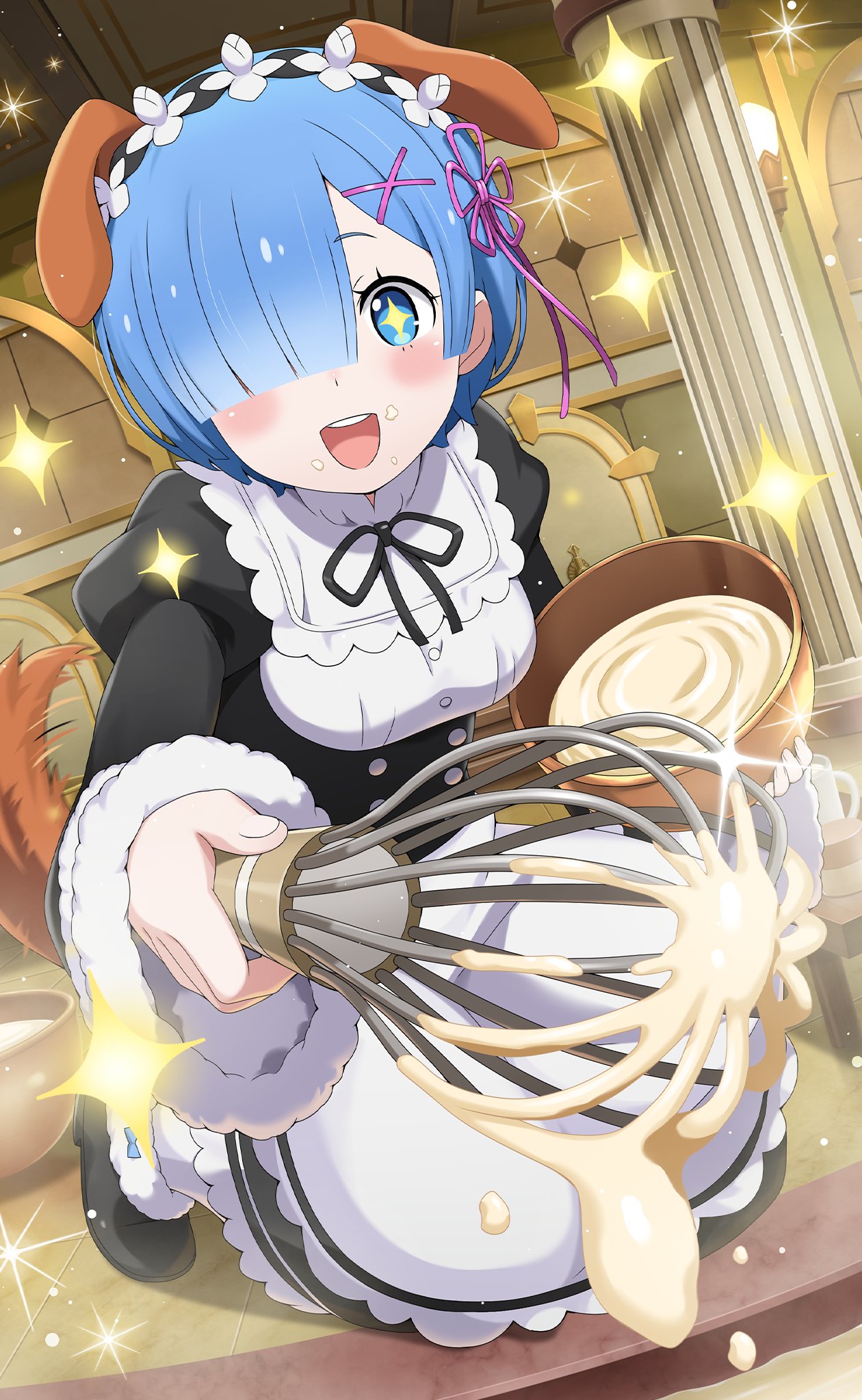+_+ 1girl animal_ears apron black_dress black_footwear blue_eyes blue_hair blush boots bowl breasts cream detached_sleeves dog_ears dog_girl dog_tail dress food food_on_face frilled_dress frills fur-trimmed_boots fur-trimmed_sleeves fur_trim hair_ornament hair_over_one_eye highres holding holding_bowl holding_whisk indoors kneeling long_sleeves looking_at_viewer maid maid_apron maid_headdress medium_breasts mixing_bowl official_alternate_costume official_art open_mouth puffy_short_sleeves puffy_sleeves ram_(re:zero) re:zero_kara_hajimeru_isekai_seikatsu re:zero_kara_hajimeru_isekai_seikatsu:_lost_in_memories short_hair short_sleeves smile tail whisk white_apron x_hair_ornament