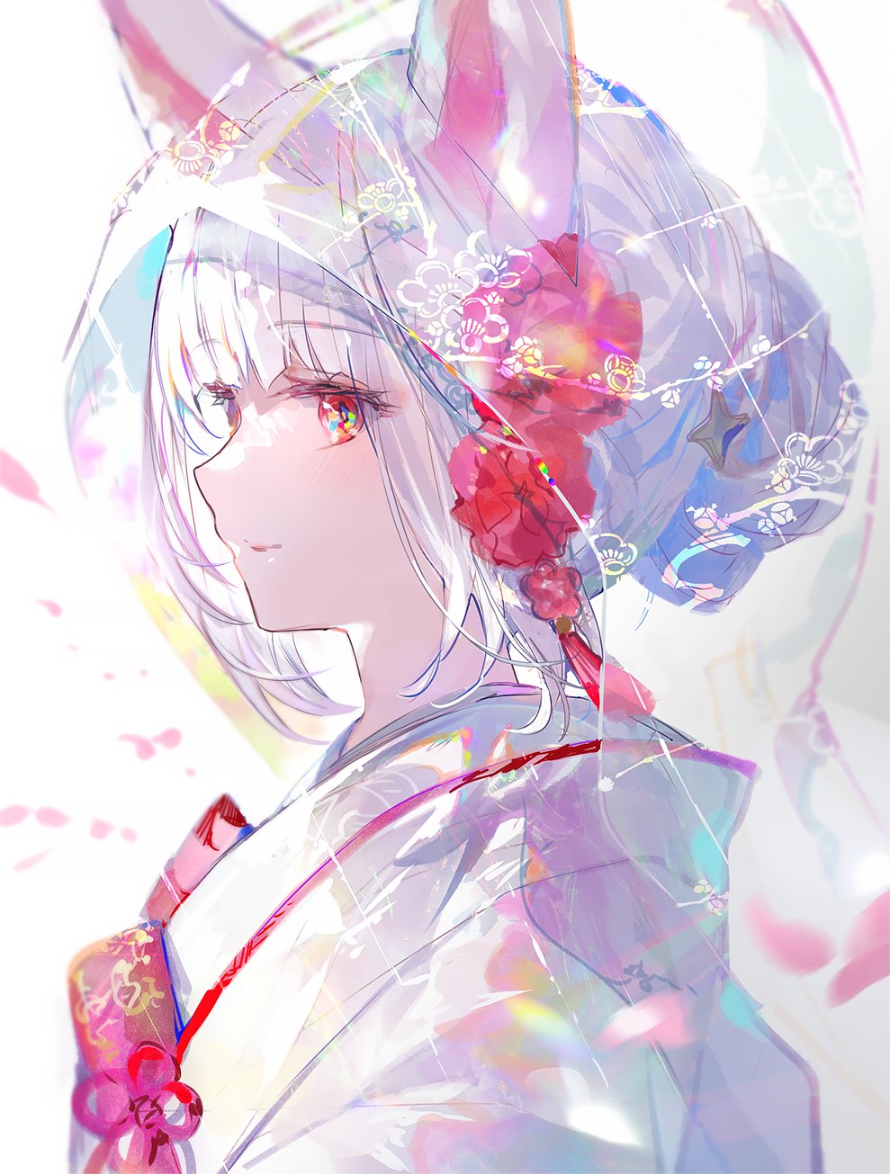 1girl animal_ears bangs blunt_bangs blush closed_mouth commentary_request eyebrows_visible_through_hair falling_petals flower fox_ears fox_girl fuzichoco hair_flower hair_ornament highres japanese_clothes kimono lipstick makeup original petals red_eyes red_flower smile solo upper_body white_hair white_kimono