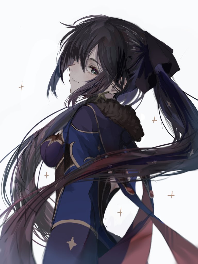 1girl bangs bebenobe922 black_hair black_ribbon blue_capelet breasts capelet closed_mouth from_side fur-trimmed_capelet fur_trim genshin_impact green_eyes hair_between_eyes hair_ribbon looking_at_viewer mona_(genshin_impact) no_hat no_headwear ribbon sideboob smile solo twintails upper_body white_background