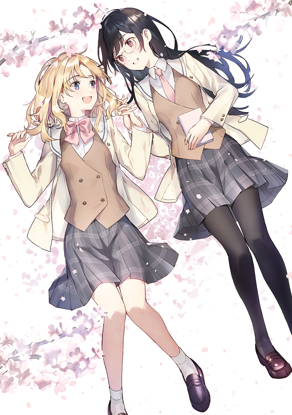 2girls :d bangs black_footwear black_hair black_legwear blazer blonde_hair blue_eyes book bow bowtie brown_eyes brown_footwear brown_vest closed_mouth cover_image dengeki_bunko eye_contact eyebrows_visible_through_hair flower glasses grey_skirt highres holding_hands interlocked_fingers jacket light_blush loafers long_hair long_sleeves looking_at_another lying miniskirt multiple_girls necktie novel_illustration official_art on_back open_clothes open_jacket open_mouth pantyhose petals pink_bow pink_bowtie pink_necktie plaid plaid_skirt school_uniform shirayuri-san_kaku_katariki shoes skirt smile socks straight_hair textless_version vest weee_(raemz) white_legwear yuri