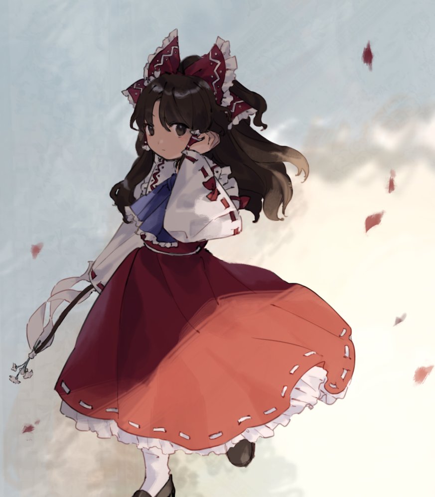 1girl ascot bow brown_hair detached_sleeves frills full_body gohei hair_bow hair_tubes hakurei_reimu kaigen_1025 long_hair long_sleeves looking_at_viewer mary_janes red_skirt ribbon-trimmed_sleeves ribbon_trim shoes skirt skirt_set socks solo touhou wide_sleeves