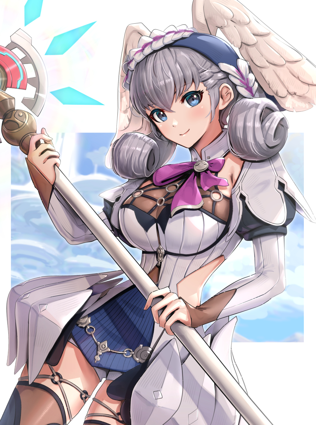 1girl braid breasts crown_braid dress gonzarez head_wings highres juliet_sleeves long_sleeves medium_breasts melia_antiqua o-ring puffy_sleeves short_dress solo staff thigh-highs twintails xenoblade_chronicles xenoblade_chronicles:_future_connected xenoblade_chronicles_(series)