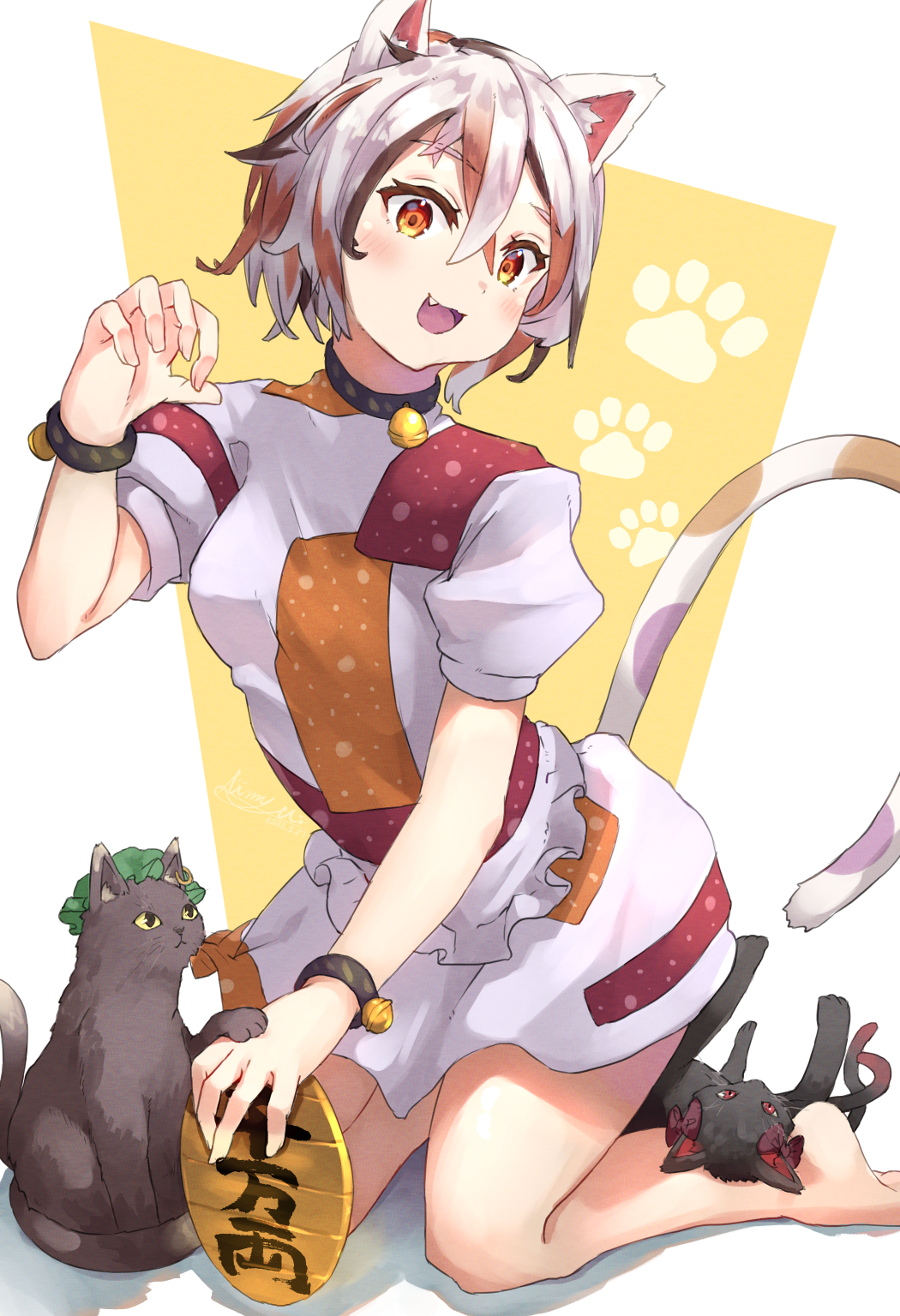 1girl :3 :d animal animal_ears apron barefoot bell black_cat blush cat cat_ears cat_tail chen chen_(cat) coin dress fang goutokuji_mike highres jewelry kaenbyou_rin kaenbyou_rin_(cat) looking_at_viewer mumyuu neck_bell nekomata open_mouth paw_pose short_sleeves sitting smile solo tail touhou