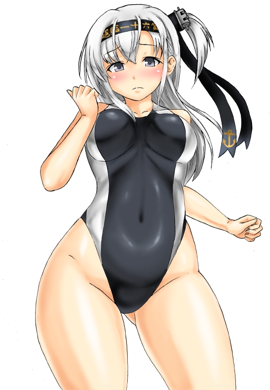 1girl ass_visible_through_thighs bare_legs black_headband black_swimsuit blush breasts collarbone covered_navel cowboy_shot embarrassed eyebrows_visible_through_hair hachimaki hair_between_eyes headband kantai_collection kudou_(ooabareteng) long_hair medium_breasts one_side_up simple_background solo suzutsuki_(kancolle) swimsuit two-tone_swimsuit white_background white_swimsuit