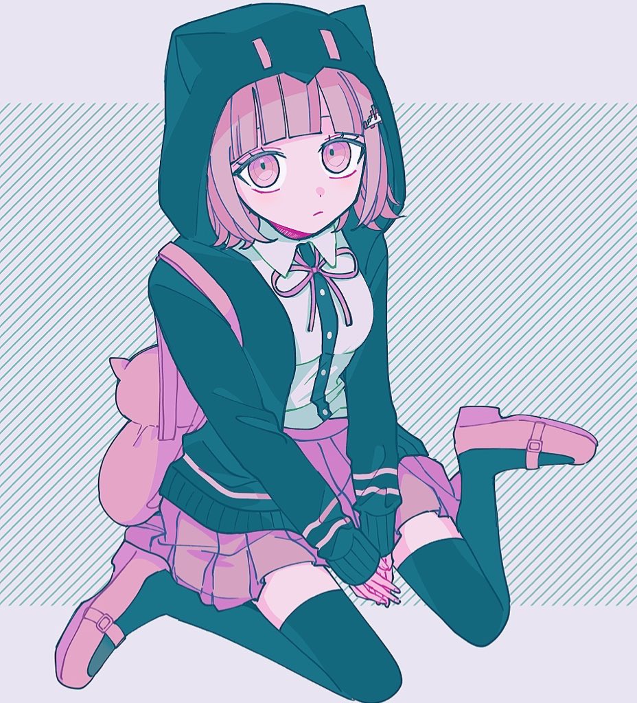 1girl animal_bag animal_ears backpack bag bangs black_jacket black_shirt breasts cat_bag cat_ears collared_shirt danganronpa_(series) danganronpa_2:_goodbye_despair dress_shirt fake_animal_ears full_body green_jacket green_legwear hair_ornament hood hood_up jacket medium_breasts medium_hair miniskirt nanami_chiaki neck_ribbon open_clothes open_jacket pink_bag pink_eyes pink_footwear pink_hair pink_ribbon pink_skirt pisapipi pleated_skirt ribbon shirt shirt_tucked_in skirt sleeves_past_wrists striped striped_background thigh-highs white_shirt