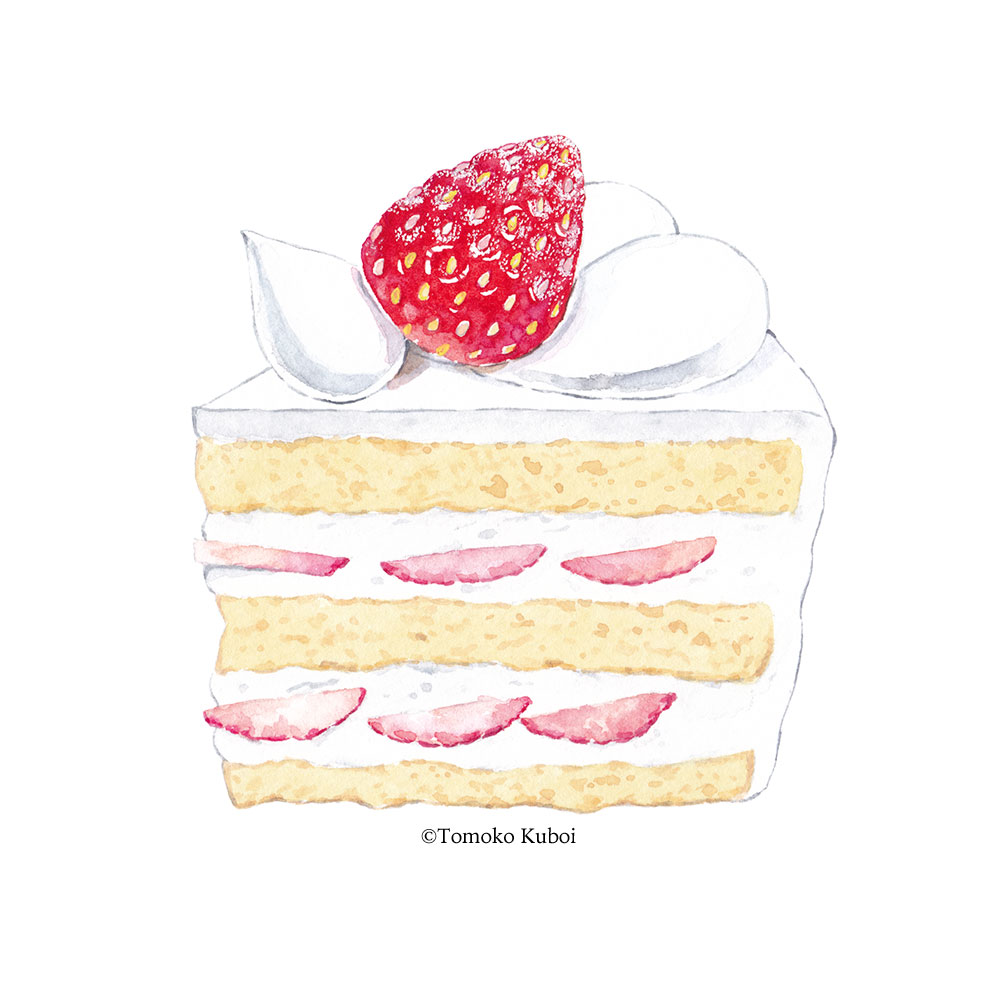 cake commentary_request dessert food food_focus fruit icing kuboitomoko no_humans original painting_(medium) pastry simple_background still_life strawberry traditional_media watercolor_(medium) white_background