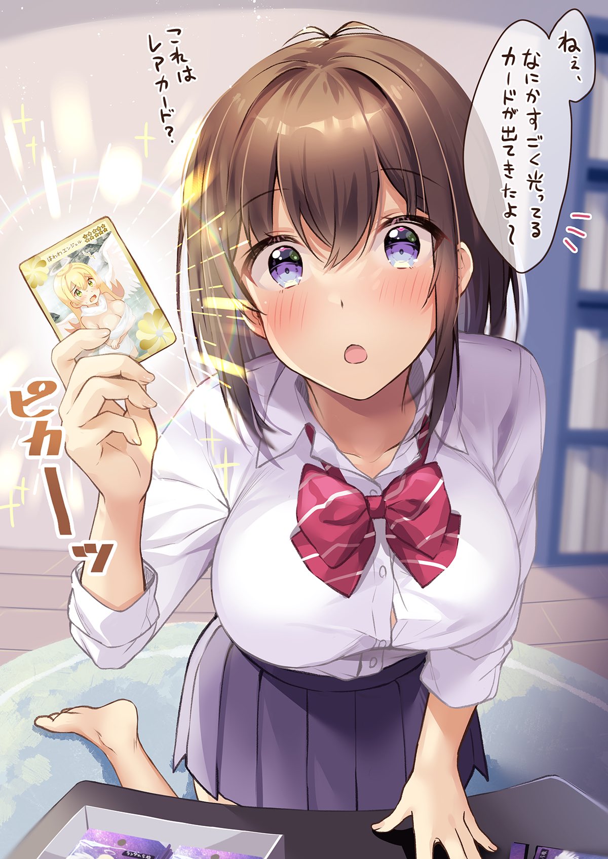 1girl bangs barefoot blue_skirt blush bookshelf box breasts brown_hair card collarbone commentary_request eyebrows_visible_through_hair hair_between_eyes highres holding holding_card indoors kneeling large_breasts looking_at_viewer medium_hair open_mouth original pleated_skirt school_uniform shiro_kuma_shake shirt sidelocks skirt sleeves_rolled_up solo table trading_card translation_request violet_eyes white_shirt wooden_floor