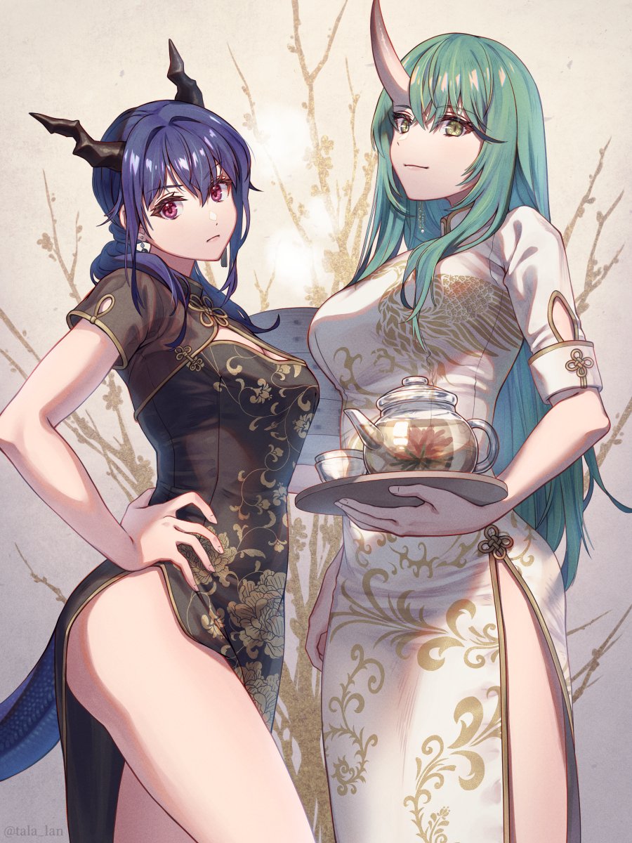 2girls alternate_costume arknights bangs black_dress blue_hair breasts ch'en_(arknights) china_dress chinese_clothes commentary_request cowboy_shot dragon_horns dragon_tail dress green_hair hair_between_eyes hand_on_hip highres holding holding_tray horns hoshiguma_(arknights) large_breasts long_hair looking_at_viewer multiple_girls red_eyes short_sleeves standing tail tanagawa_makoto teapot thighs tray very_long_hair white_dress