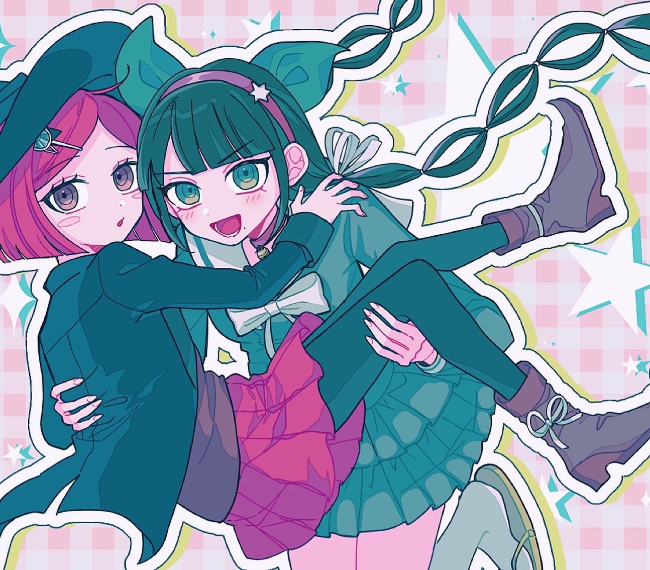 2girls :d alternate_color alternate_hair_color bangs blunt_bangs blush bow bowtie chabashira_tenko checkered_background commentary_request danganronpa_(series) danganronpa_v3:_killing_harmony drill_hair eyebrows_visible_through_hair green_eyes green_hair green_headwear green_jacket green_legwear green_shirt green_skirt grey_bow grey_bowtie grey_ribbon grey_sailor_collar hair_ornament hair_ribbon hat jacket long_hair miniskirt mole mole_under_eye multiple_girls pantyhose pink_skirt pisapipi pleated_skirt redhead ribbon sailor_collar sandals shirt short_hair skirt smile star_(symbol) twin_drills twintails witch_hat yumeno_himiko