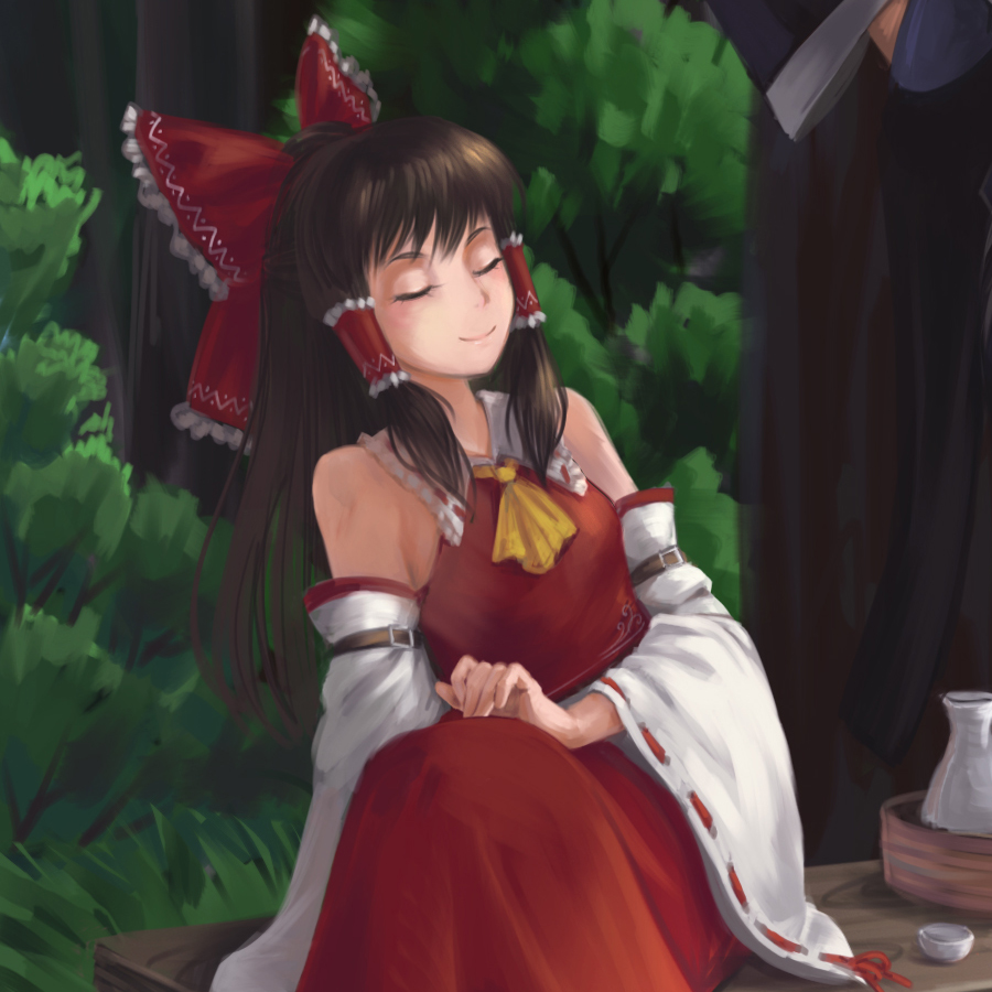 1girl ascot bangs bottle bow breasts brown_hair bush choko_(cup) closed_eyes closed_mouth collared_shirt commentary cup detached_sleeves feet_out_of_frame firewink frilled_bow frilled_hair_tubes frilled_shirt_collar frills hair_bow hair_tubes hakurei_reimu long_hair looking_to_the_side medium_breasts red_bow red_shirt red_skirt ribbon-trimmed_sleeves ribbon_trim russian_commentary sake_bottle shirt sidelocks sitting skirt skirt_set sleeveless sleeveless_shirt smile solo touhou tree white_sleeves wide_sleeves yellow_ascot