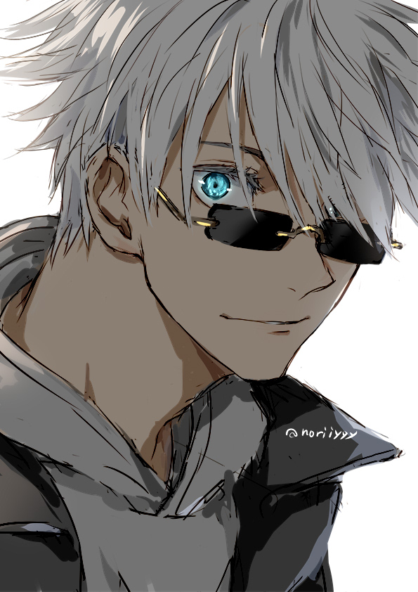 1boy bangs black_jacket blue_eyes colored_eyelashes commentary_request glasses gojou_satoru grey_hoodie hair_between_eyes hair_over_one_eye hood hood_down hoodie jacket jujutsu_kaisen male_focus nori20170709 short_hair simple_background smile solo white_background white_hair