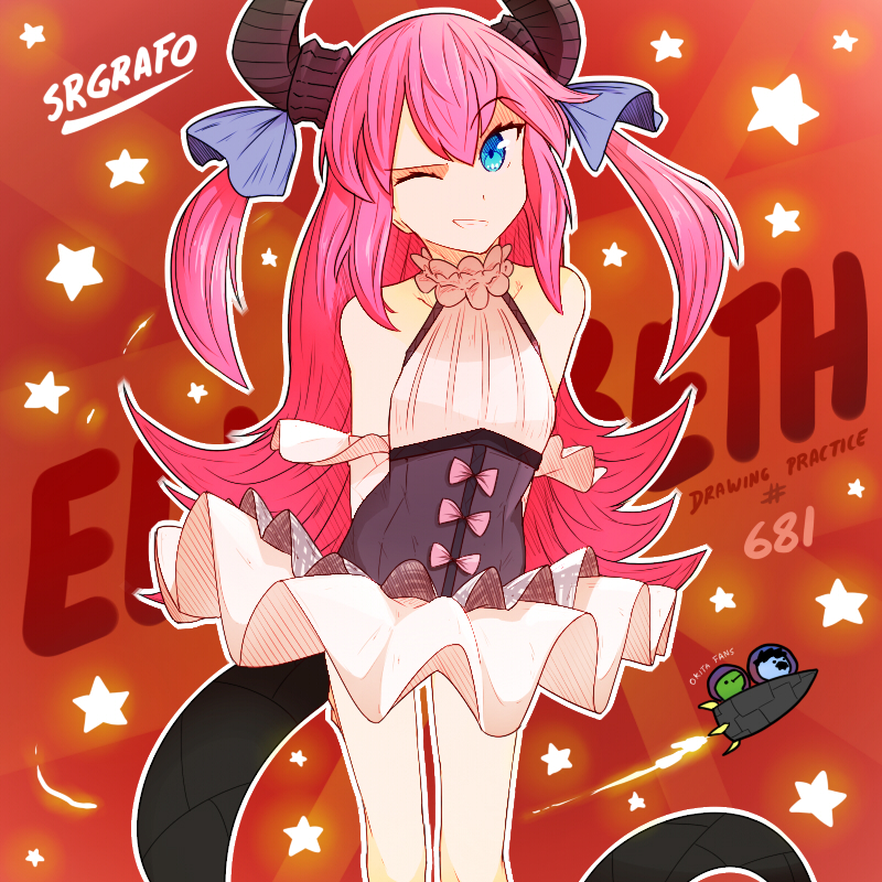 blue_eyes dragon_girl dragon_horns dragon_tail elizabeth_bathory_(fate) elizabeth_bathory_(fate)_(all) elizabeth_bathory_(fate/extra_ccc) elizabeth_bathory_(second_ascension)_(fate) fate/grand_order fate_(series) flat_chest horns one_eye_closed pink_hair srgrafo star_(symbol) tail wink