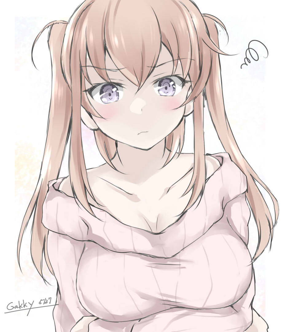 1girl blonde_hair breasts commentary_request gakky graf_zeppelin_(kancolle) kantai_collection large_breasts long_hair looking_at_viewer off-shoulder_sweater off_shoulder one-hour_drawing_challenge sidelocks simple_background solo sweater tsurime upper_body white_background white_sweater