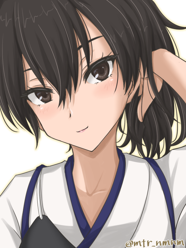 1girl black_eyes brown_eyes japanese_clothes kaga_(kancolle) kantai_collection long_hair looking_at_viewer mattari_numenume muneate one-hour_drawing_challenge side_ponytail simple_background solo tasuki twitter_username upper_body white_background