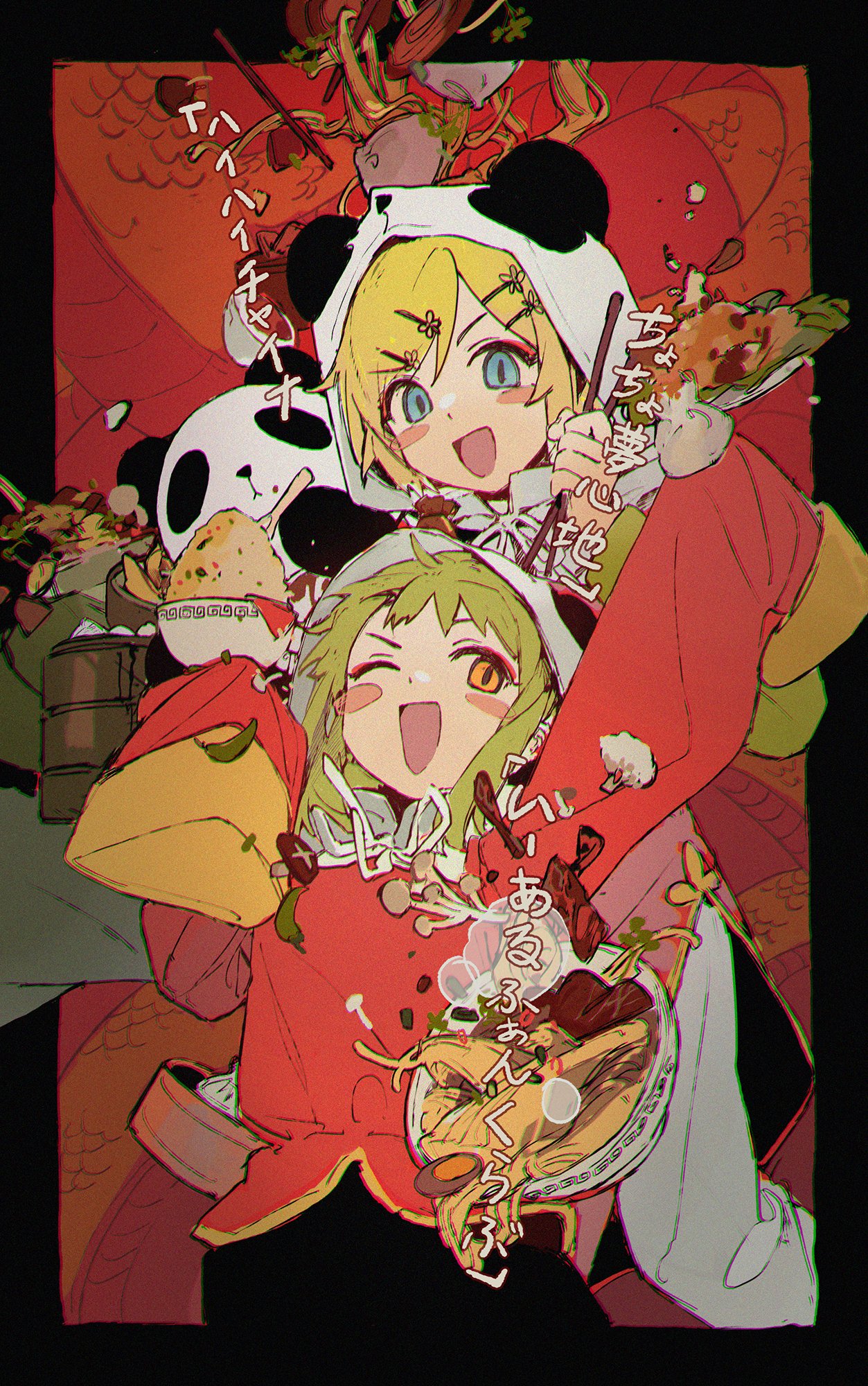 2girls animal animal_hood arm_up bangs blonde_hair blue_eyes blush_stickers bowl chinese_clothes chopsticks ciloranko food fried_rice green_hair gumi hair_ornament hairclip highres holding holding_chopsticks hood hood_up kagamine_rin looking_at_viewer multiple_girls mushroom noodles one_eye_closed open_mouth orange_eyes panda rice scales short_hair sleeves_past_fingers sleeves_past_wrists translation_request vocaloid yi_er_fan_club_(vocaloid)