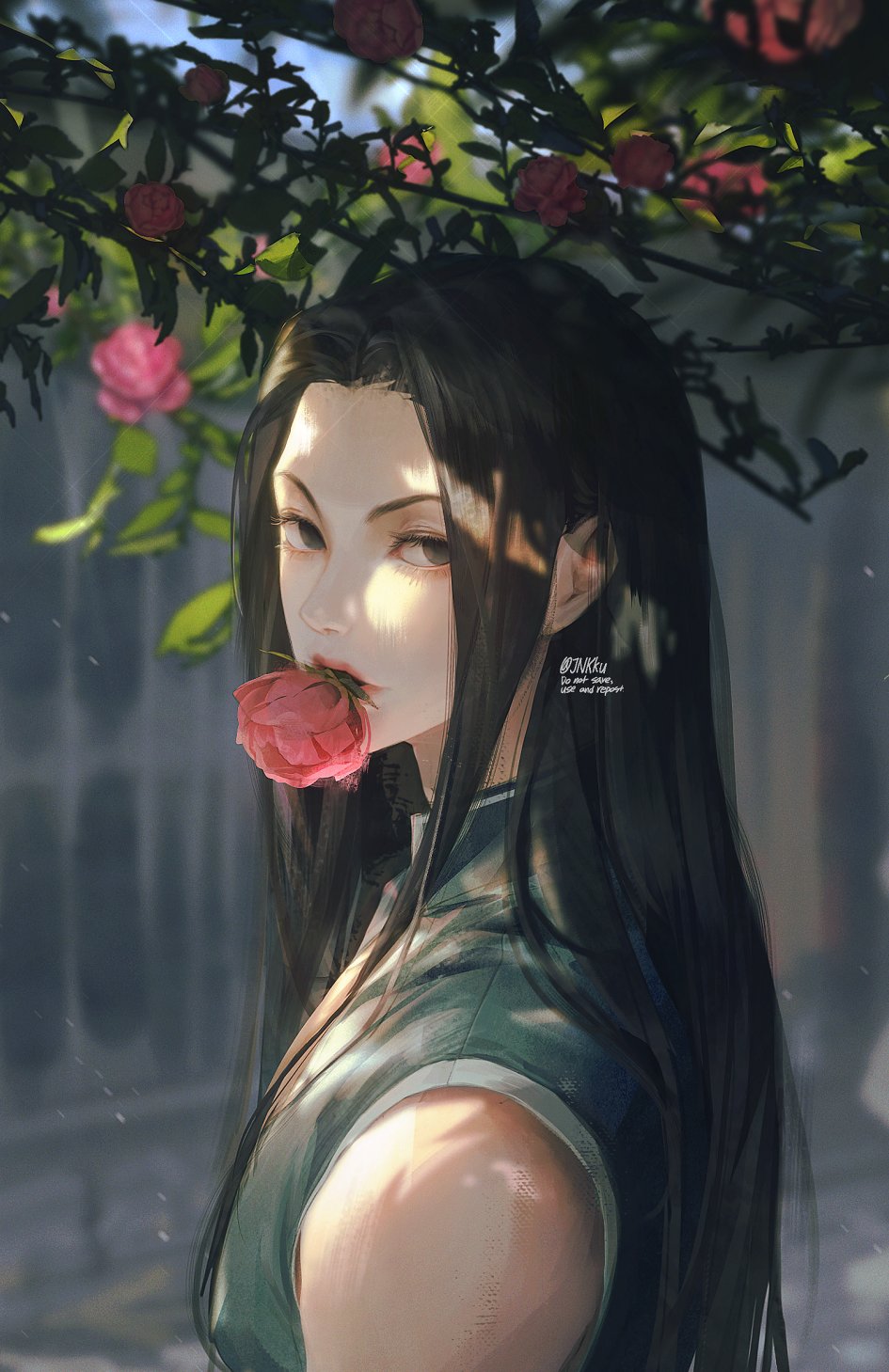 1boy bare_shoulders black_hair blurry day depth_of_field flower flower_request from_side highres hunter_x_hunter illumi_zoldyck jnkku long_hair looking_at_viewer male_focus mouth_hold outdoors pink_flower red_flower red_rose rose shirt solo upper_body