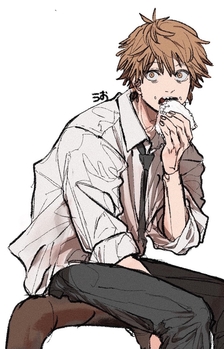 1boy bangs between_legs black_necktie black_pants blonde_hair chainsaw_man collared_shirt crumbs denji_(chainsaw_man) eating food food_on_face hand_between_legs holding holding_food leaning_forward looking_at_viewer necktie onigiri open_mouth pants rice shirt short_hair simple_background sitting sleeves_rolled_up solo tasuketemama white_background white_shirt
