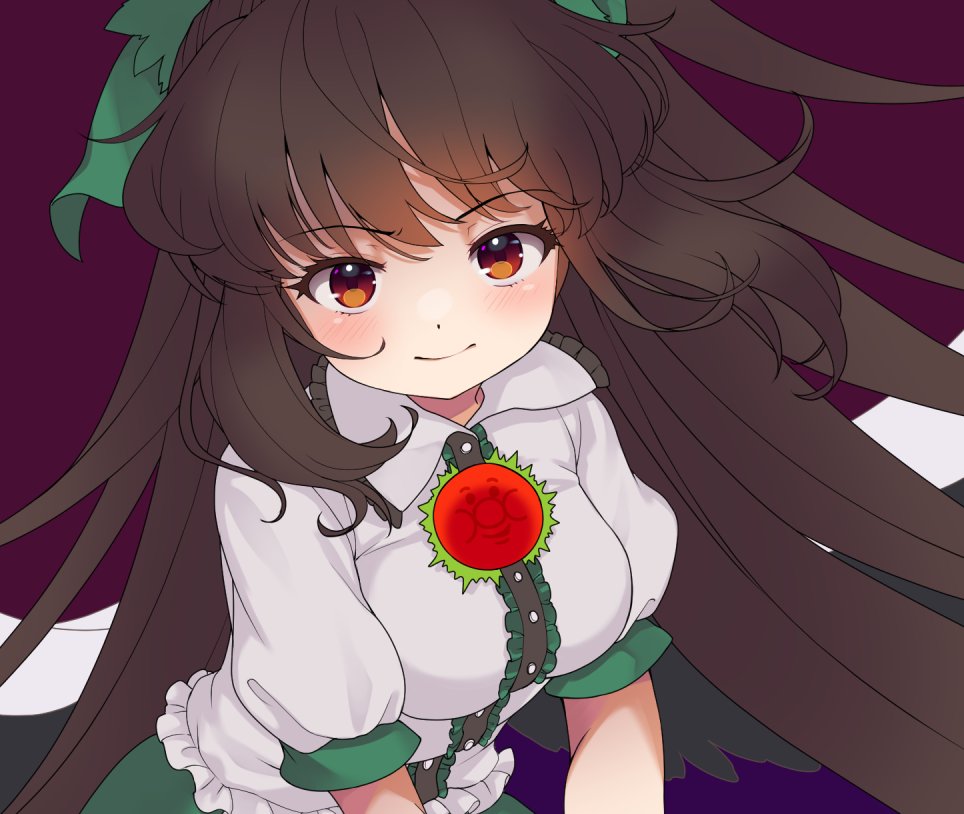 1girl bangs blush bow breasts brown_hair cape eyebrows_visible_through_hair green_bow green_skirt hair_bow iris_anemone light_smile long_hair looking_at_viewer medium_breasts puffy_short_sleeves puffy_sleeves red_eyes reiuji_utsuho shirt short_sleeves simple_background skirt solo touhou upper_body very_long_hair white_cape white_shirt