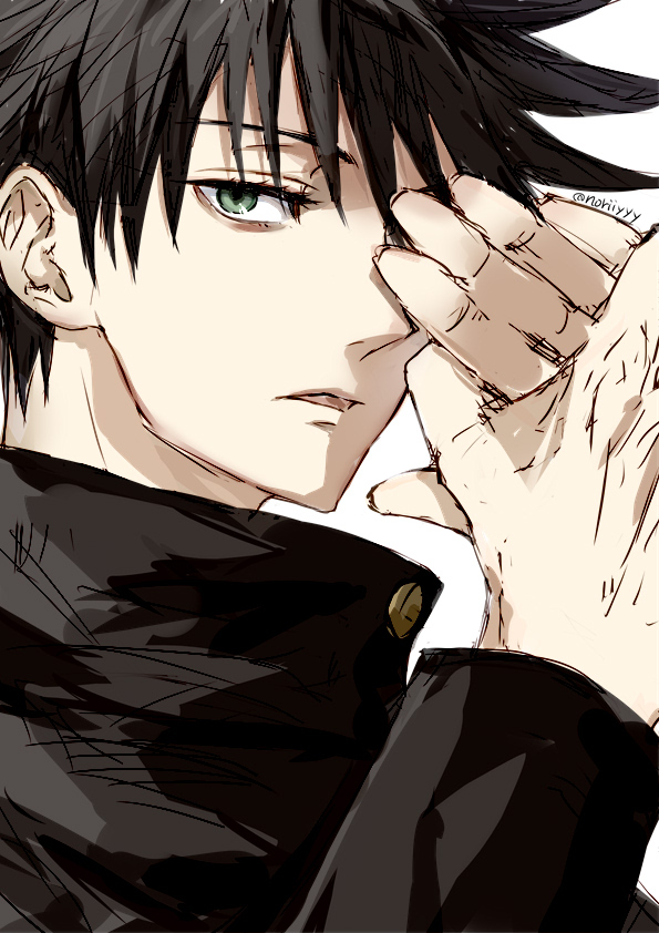 1boy bangs black_hair buttons commentary_request eyelashes fushiguro_megumi green_eyes hands_up high_collar jacket jujutsu_kaisen long_sleeves male_focus nori20170709 one_eye_covered own_hands_together parted_lips school_uniform short_hair simple_background solo spiky_hair white_background