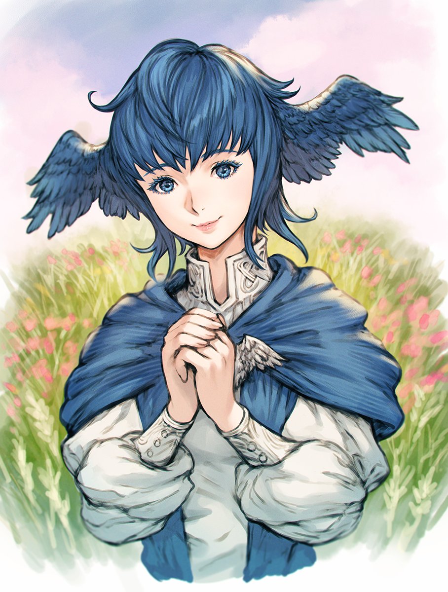 1girl bird_wings blue_capelet blue_eyes blue_hair brooch capelet clouds colored_eyelashes cropped_torso feathered_wings final_fantasy final_fantasy_xiv flower grass hands_up head_wings high_collar highres jewelry long_sleeves looking_at_viewer makimura_shunsuke meadow meteion outdoors own_hands_clasped own_hands_together puffy_long_sleeves puffy_sleeves short_hair sky smile solo upper_body wings