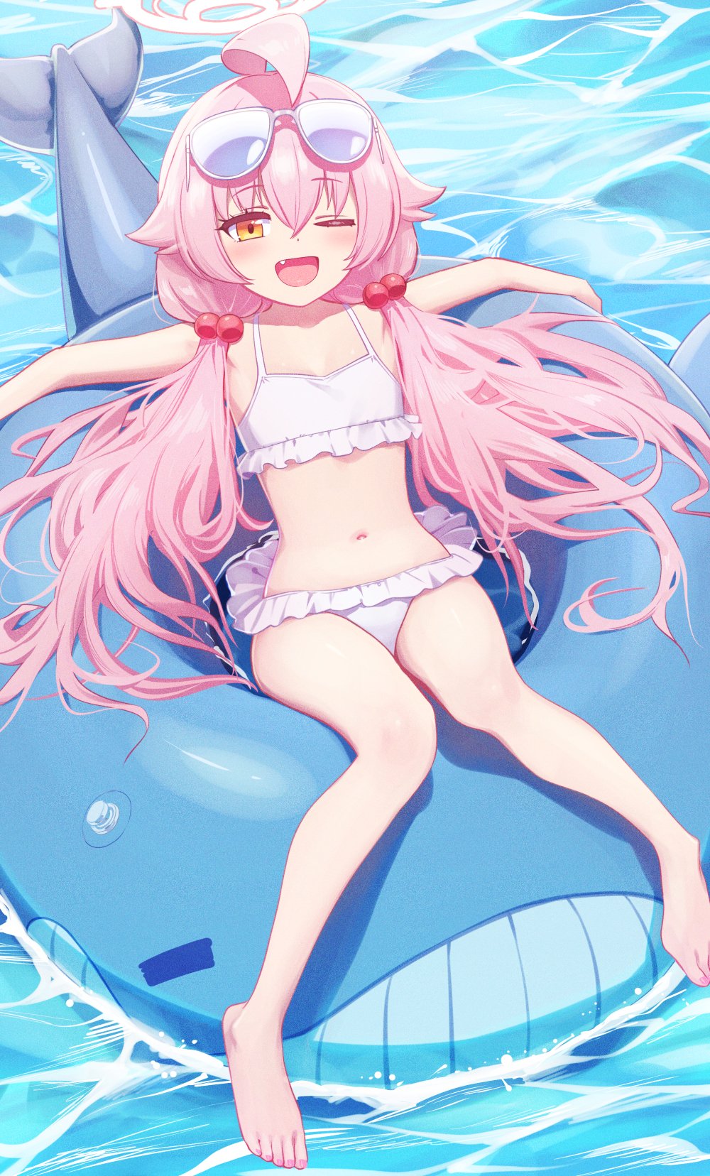 1girl ahoge barefoot bikini blue_archive brown_eyes deadnooodles eyewear_on_head fang feet floating hair_bobbles hair_ornament highres hoshino_(blue_archive) innertube knees_together_feet_apart legs long_hair low_twintails lying navel on_back one_eye_closed open_mouth pink_hair smile solo sunglasses swimsuit thighs twintails water white_bikini
