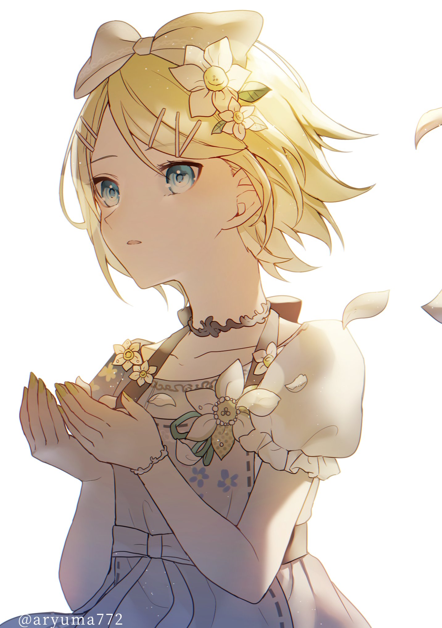 1girl apron aryuma772 backlighting bare_arms black_choker blonde_hair blue_eyes bow choker collarbone dress dress_flower eyebrows_visible_through_hair flower frilled_dress frilled_sleeves frills hair_bow hair_flower hair_ornament hairclip highres kagamine_rin lace lace_choker looking_at_viewer own_hands_together parted_lips petals project_sekai short_sleeves solo vocaloid