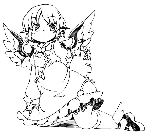 1girl animal_ears bird_ears bird_wings blush dress earrings eyebrows_visible_through_hair fingernails frilled_dress frilled_sleeves frills full_body greyscale ini_(inunabe00) jewelry juliet_sleeves kneehighs long_fingernails long_sleeves monochrome mystia_lorelei no_hat no_headwear parted_lips puffy_sleeves sharp_fingernails shoes short_hair simple_background single_earring solo touhou white_background wide_sleeves wings