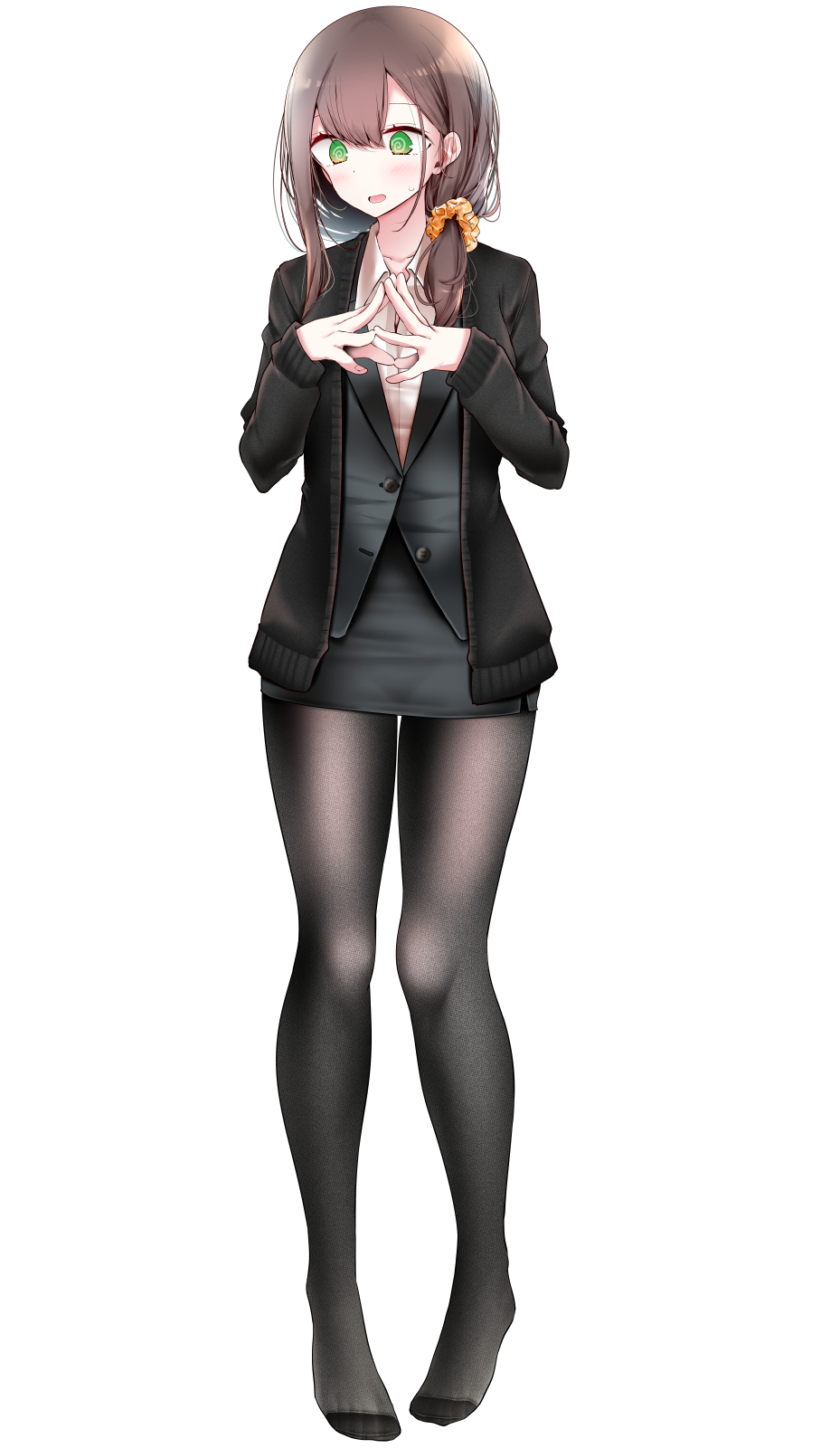 1girl @_@ bangs black_jacket black_legwear blush breasts brown_hair collarbone embarrassed feet fine_fabric_emphasis formal full_body green_eyes hair_ornament hair_scrunchie hands_up highres jacket legs looking_to_the_side medium_breasts miniskirt no_shoes ol-chan_(oouso) oouso open_mouth original pencil_skirt scrunchie shirt side_ponytail sidelocks simple_background skirt skirt_suit solo standing steepled_fingers suit sweatdrop thighs toes white_background white_shirt