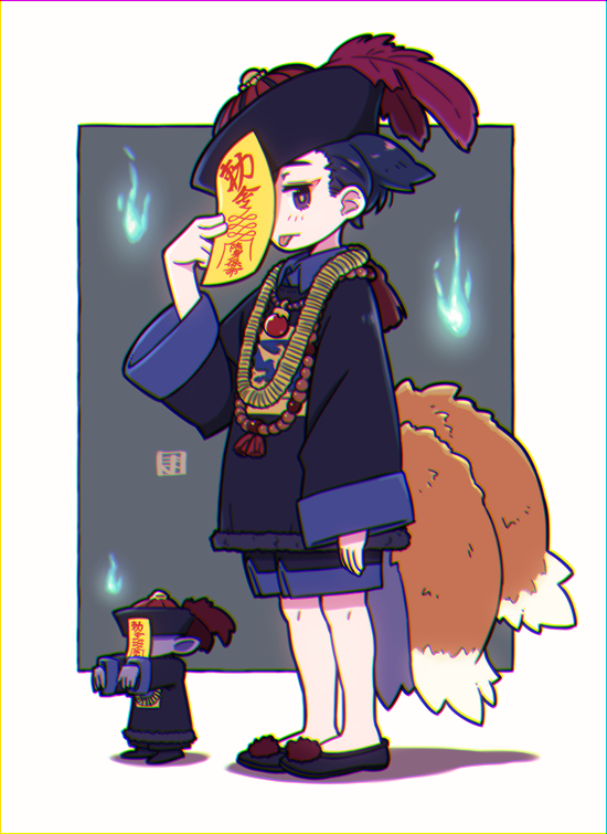 1girl animal_ears black_footwear black_headwear black_jacket black_shorts blue_fire blue_hair blush closed_mouth colored_shadow commentary_request fire fox_ears fox_girl fox_tail hand_up hat hitodama jacket jiangshi_costume kitsune kukuri_(mawaru) long_sleeves looking_at_viewer mawaru_(mawaru) ofuda original outstretched_arms qing_guanmao shadow shoes shorts sleeves_past_wrists standing tail tongue tongue_out violet_eyes wide_sleeves zombie_pose
