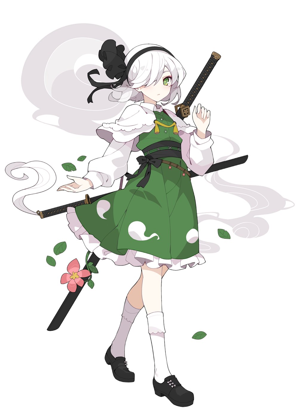 1girl :/ black_bow black_footwear black_hairband black_ribbon blush bow bright_pupils capelet closed_mouth collared_shirt commentary dress flower frilled_dress frills full_body green_dress green_eyes hair_over_one_eye hair_ribbon hairband hand_up highres hitodama_print ideolo katana kneehighs konpaku_youmu leaf loafers long_sleeves looking_at_viewer medium_hair pink_flower ribbon shirt shoes simple_background sleeve_cuffs sleeveless sleeveless_dress solo standing sword touhou waist_bow wakizashi weapon weapon_on_back white_background white_capelet white_hair white_legwear white_pupils white_shirt