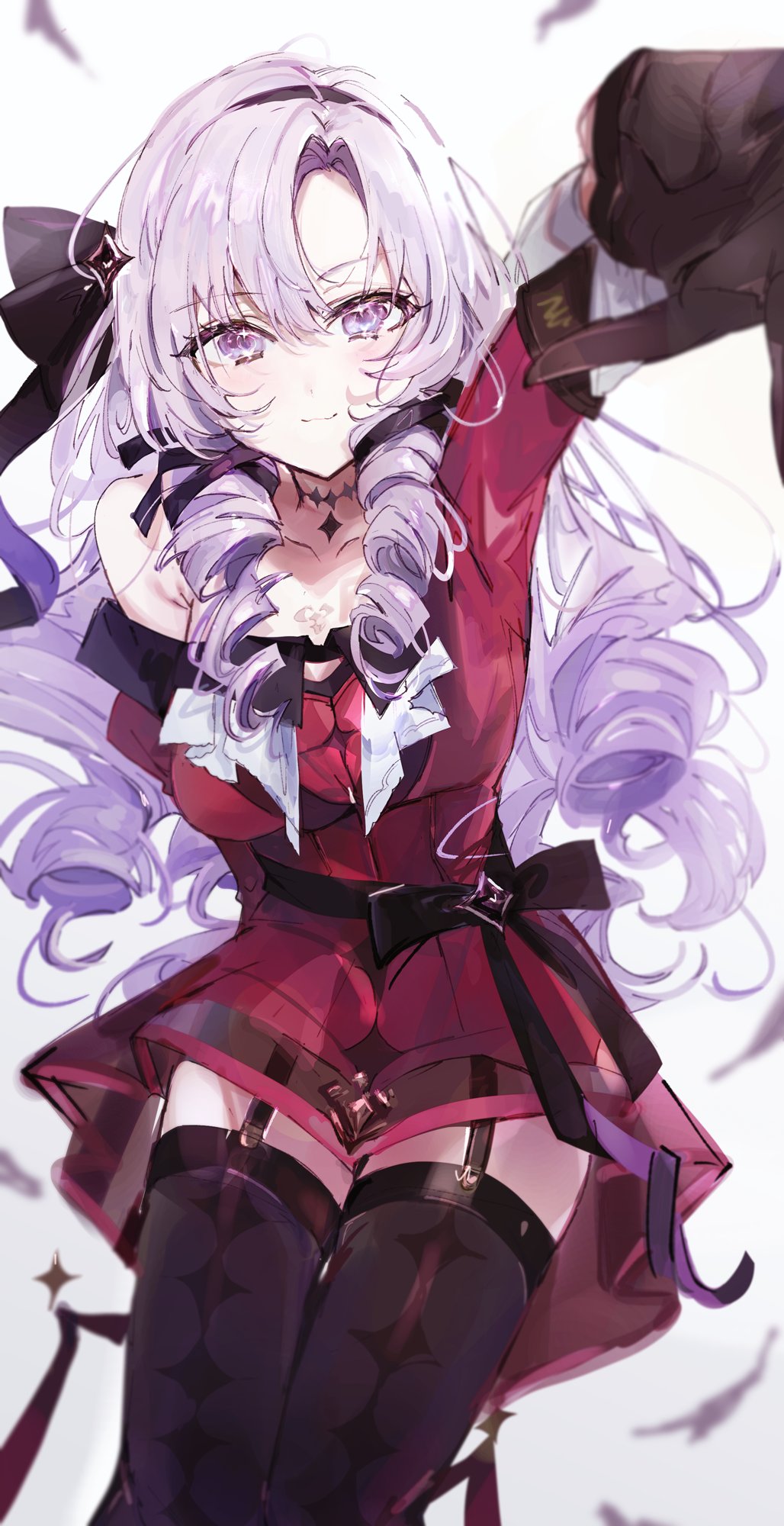 1girl bangs black_bow black_gloves black_hairband black_legwear black_ribbon bow chest_tattoo collarbone commentary dress drill_hair garter_straps gloves hair_between_eyes hair_ribbon hairband highres hyakumantenbara_salome light_purple_eyes light_purple_hair long_hair long_sleeves looking_at_viewer nijisanji off-shoulder_dress off_shoulder outstretched_arm parted_bangs red_dress ribbon shia_job sitting smile sparkling_eyes symbol-only_commentary tattoo thigh-highs virtual_youtuber white_background