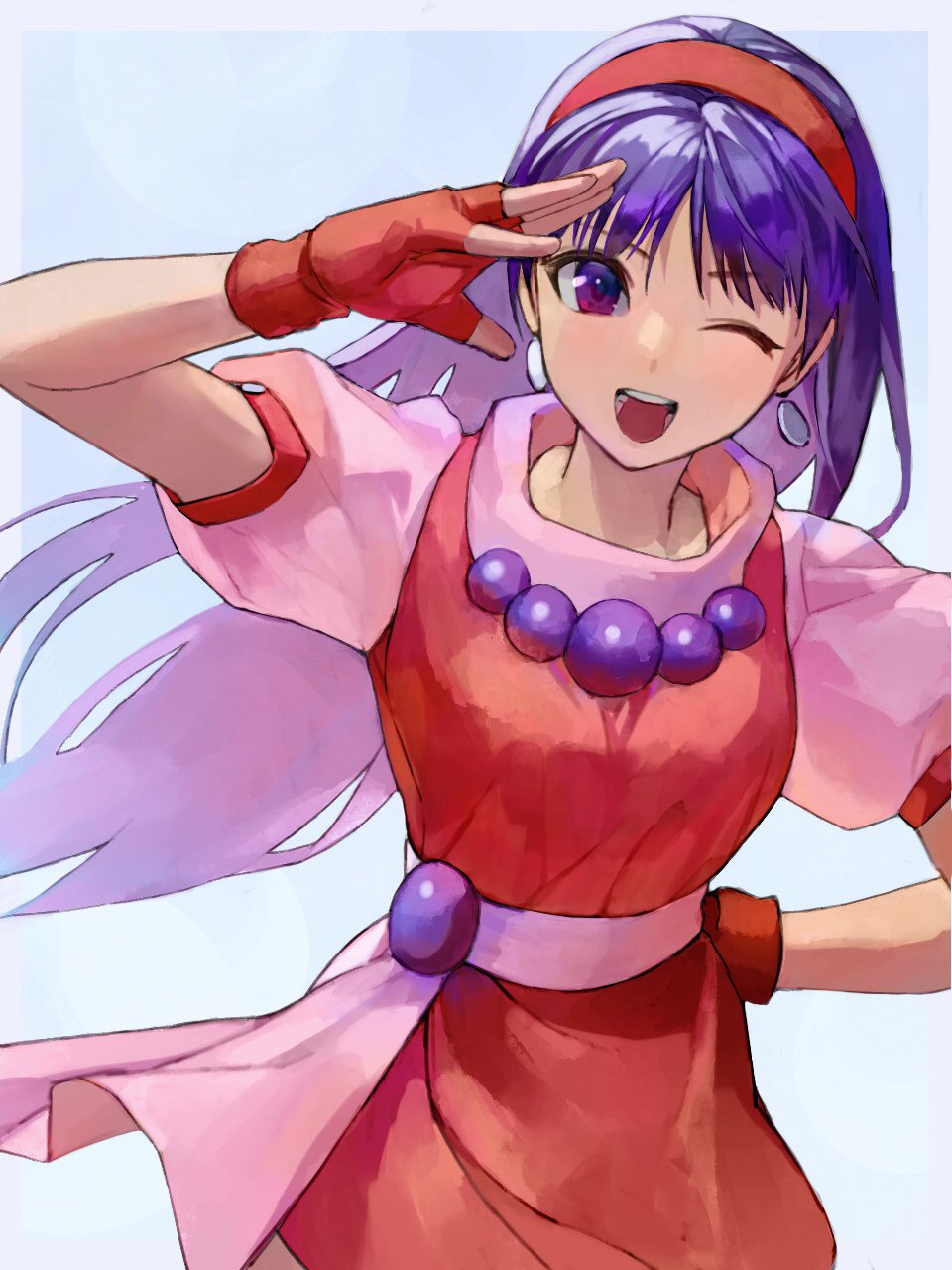 1girl asamiya_athena earrings fingerless_gloves gloves hair_ornament hairband highres jewelry long_hair looking_at_viewer one_eye_closed oni_gini psycho_soldier purple_hair red_hairband smile solo star_(symbol) star_hair_ornament the_king_of_fighters violet_eyes