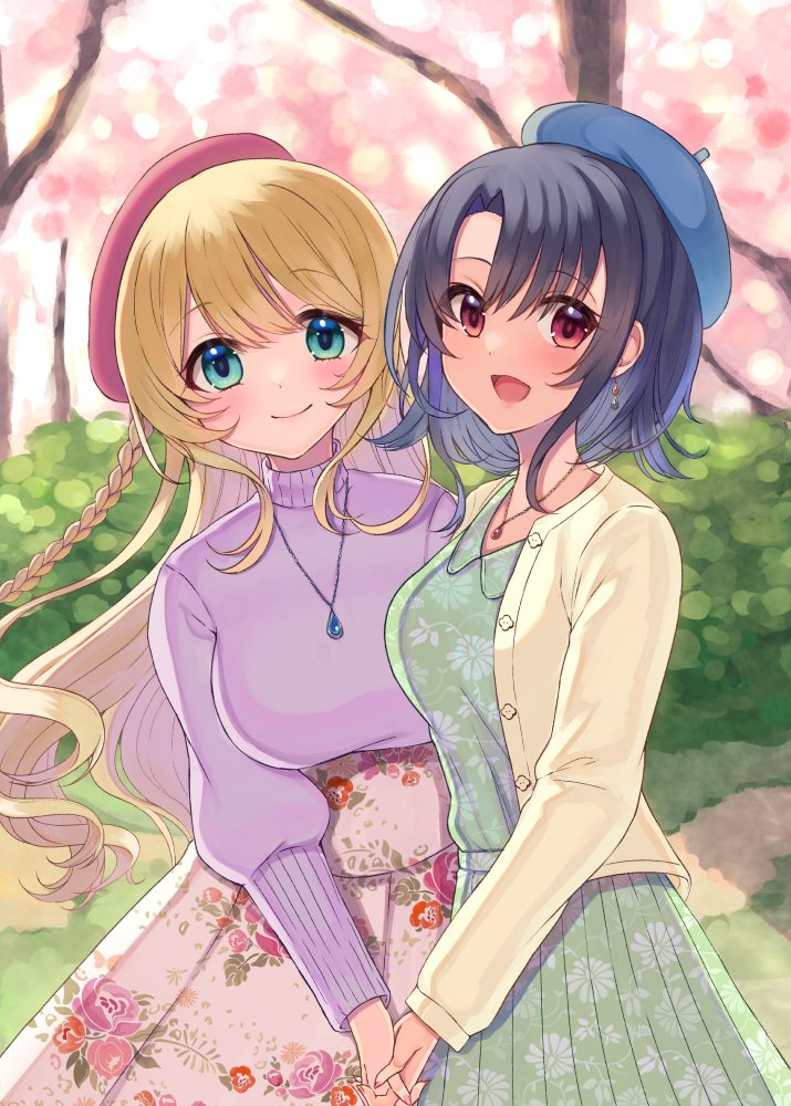 2girls alternate_costume alternate_hairstyle atago_(kancolle) bangs beret black_hair blue_eyes blue_headwear braid breasts cardigan cherry_blossoms day dress earrings eyebrows_visible_through_hair floral_print green_dress hat holding_hands jewelry kantai_collection large_breasts long_hair long_sleeves looking_at_viewer multiple_girls necklace open_mouth outdoors pink_headwear purple_sweater red_eyes short_hair side_braid silica_(silica_silylate) skirt smile sweater takao_(kancolle) tree yellow_cardigan