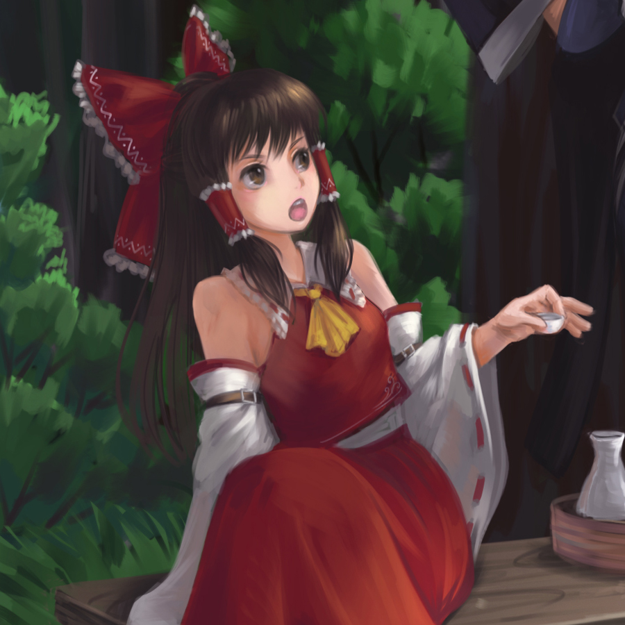 1girl ascot bangs bottle bow breasts brown_eyes brown_hair bush choko_(cup) collared_shirt commentary cup detached_sleeves feet_out_of_frame firewink frilled_bow frilled_hair_tubes frilled_shirt_collar frills hair_bow hair_tubes hakurei_reimu long_hair looking_to_the_side medium_breasts open_mouth red_bow red_shirt red_skirt ribbon-trimmed_sleeves ribbon_trim russian_commentary sake_bottle shirt sidelocks sitting skirt skirt_set sleeveless sleeveless_shirt solo touhou tree white_sleeves wide_sleeves yellow_ascot