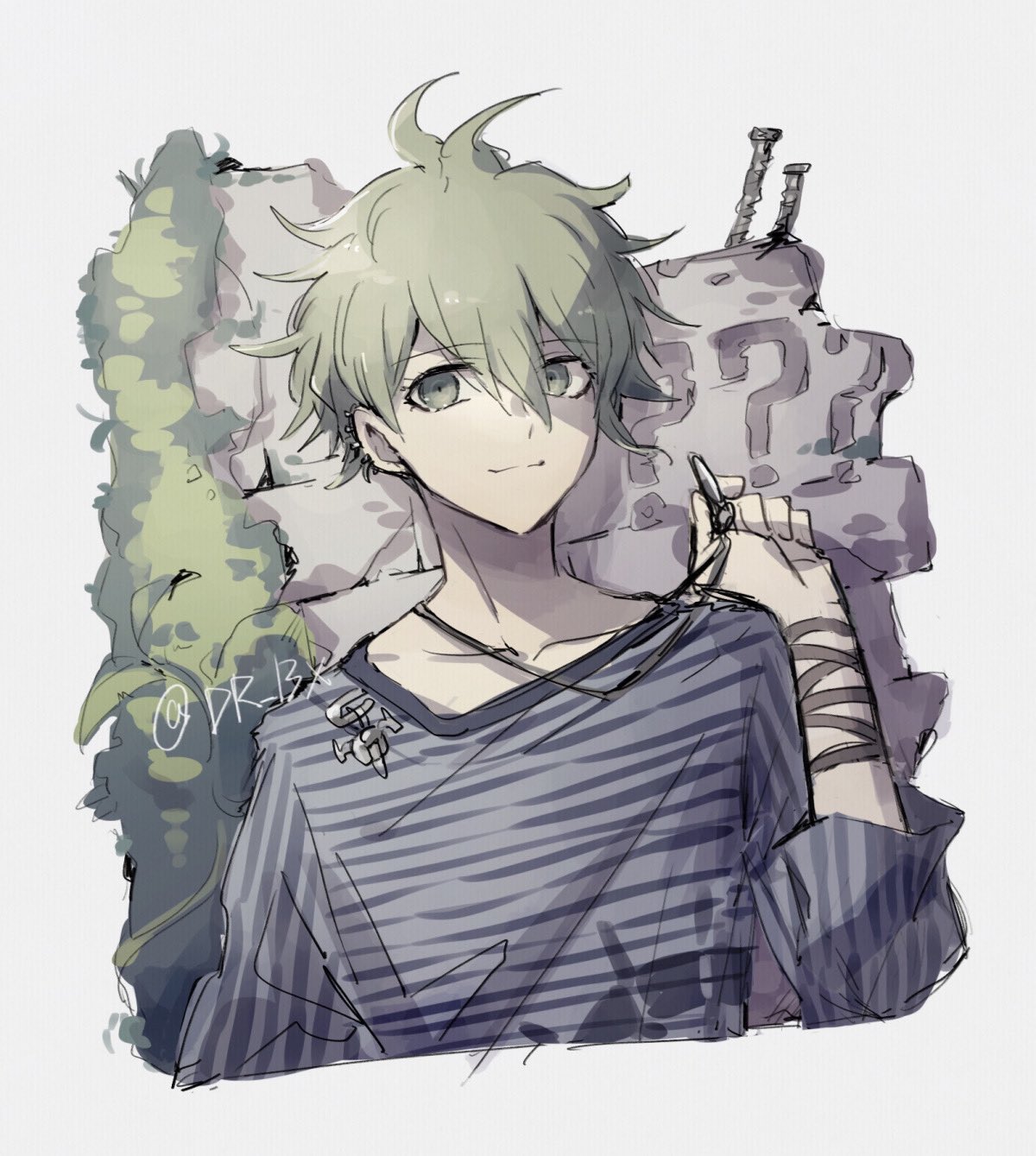 1boy ? ?? amami_rantarou antenna_hair artist_name asuna_(doruru-mon) bangs collarbone cropped_torso danganronpa_(series) danganronpa_v3:_killing_harmony ear_piercing earrings eyebrows_visible_through_hair green_eyes grey_background hair_between_eyes highres jewelry long_sleeves male_focus messy_hair necklace piercing shiny shiny_hair shirt simple_background smile solo striped striped_shirt