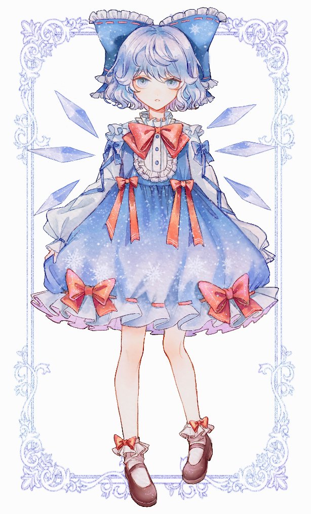 1girl adapted_costume blue_bow blue_dress blue_eyes blue_hair bow bowtie cirno dress embellished_costume frills full_body hair_bow hourai_kiriri ice ice_wings looking_at_viewer puffy_sleeves red_bow shoes short_hair socks solo standing touhou white_legwear wings