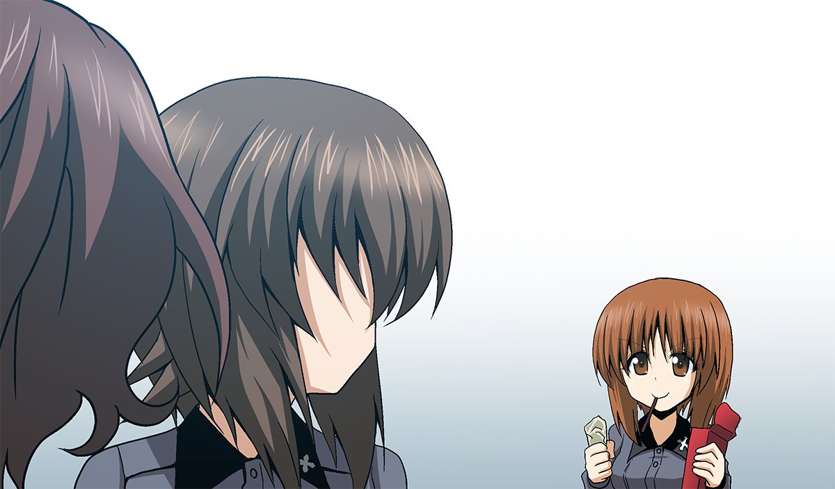 3girls akaboshi_koume bangs box brown_eyes brown_hair closed_mouth dress_shirt eyebrows_visible_through_hair food girls_und_panzer gradient gradient_background grey_background grey_shirt holding kamishima_kanon kuromorimine_school_uniform looking_at_another looking_back mouth_hold multiple_girls nishizumi_maho nishizumi_miho pocky school_uniform shirt short_hair siblings sisters smile