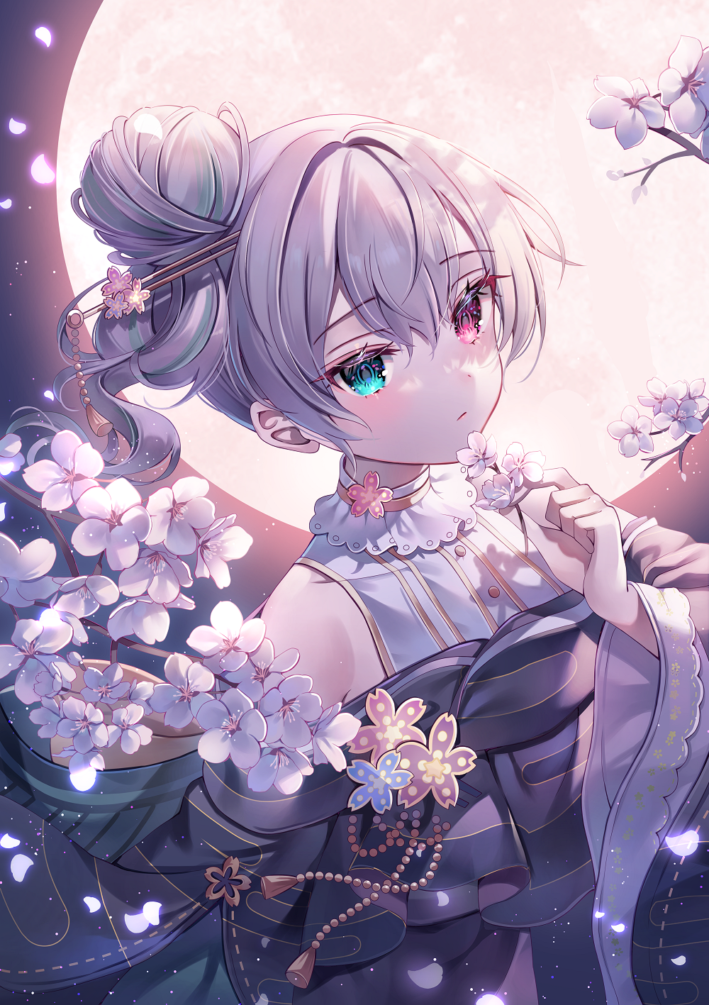 1girl 25-ji_night_code_de._(project_sekai) aqua_eyes aqua_hair arm_at_side backlighting bare_shoulders branch buttons cherry_blossoms closed_mouth doily dot_nose eyebrows_visible_through_hair flower full_moon gin_(gin937) gold_trim grey_hair grey_kimono hair_between_eyes hair_bun hair_flower hair_ornament hairpin halterneck hand_up hatsune_miku head_tilt heterochromia highres holding holding_flower japanese_clothes kimono light_particles looking_afar moon moonlight multicolored_hair night night_sky official_alternate_costume petals pink_eyes pink_flower project_sekai shadow side_bun sideways_glance sky solo streaked_hair tassel tassel_hair_ornament tsurime vocaloid